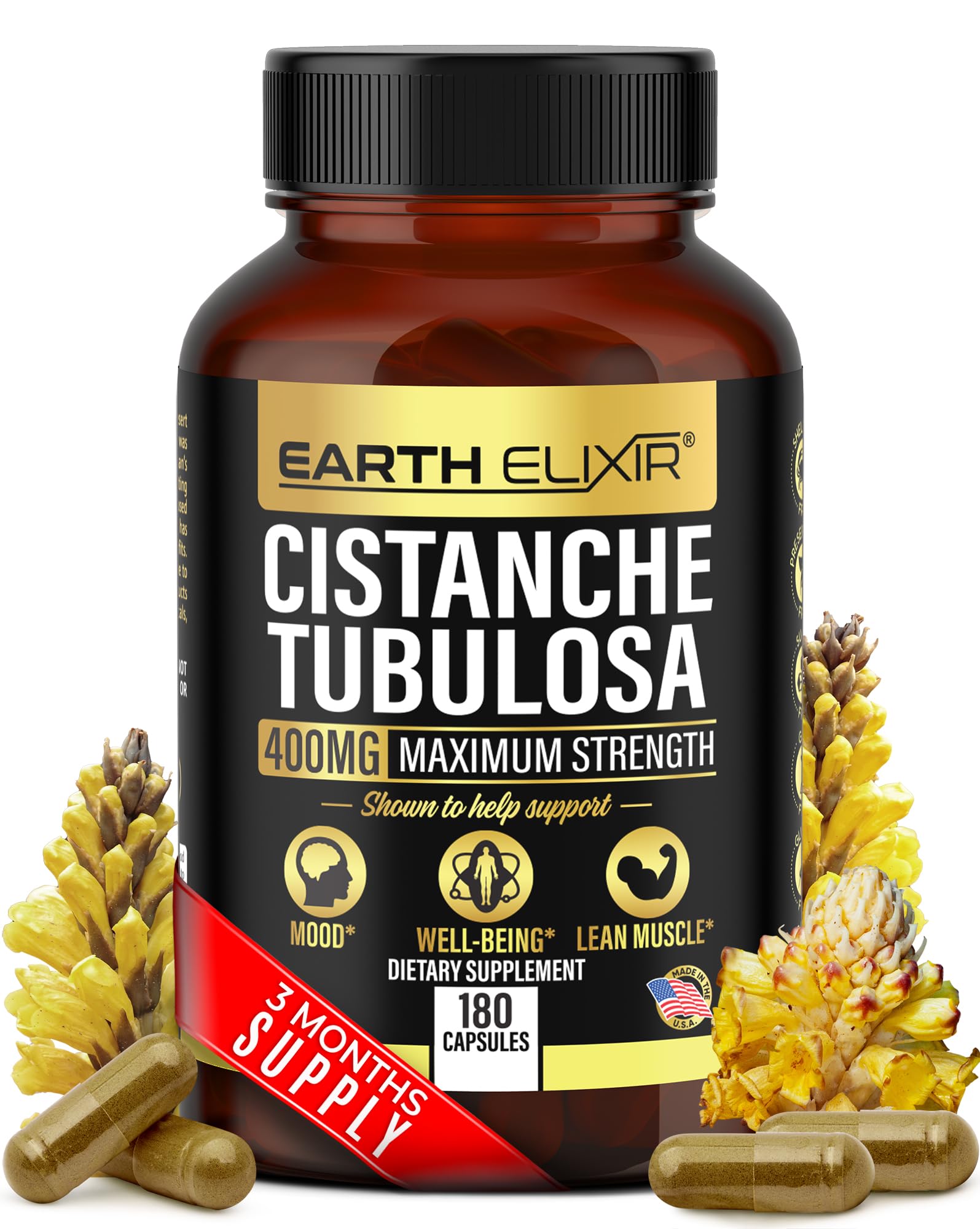 Cistanche Tubulosa 400 mg (180 Capsules) 3 Months Supply – Made in USA - 3rd Party Tested - Cistanche Supplement - Zero Fillers - Max Purity - Nootropics - 100% Pure Cistanche Herb