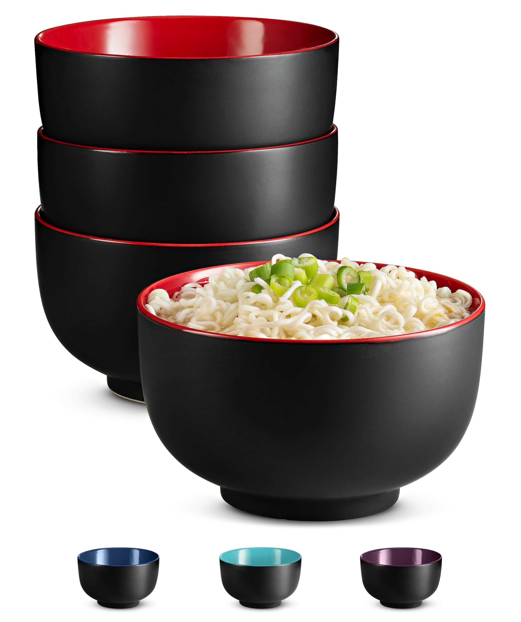 KooK Ramen Bowl, Japanese Bowls, Noodle Bowls, Large Soup Bowl, Ceramic, Large Capacity, For Ramen, Pho, Udon, Soba, Microwave and Dishwasher Safe, 34 oz, Set of 4 (Black/Red)