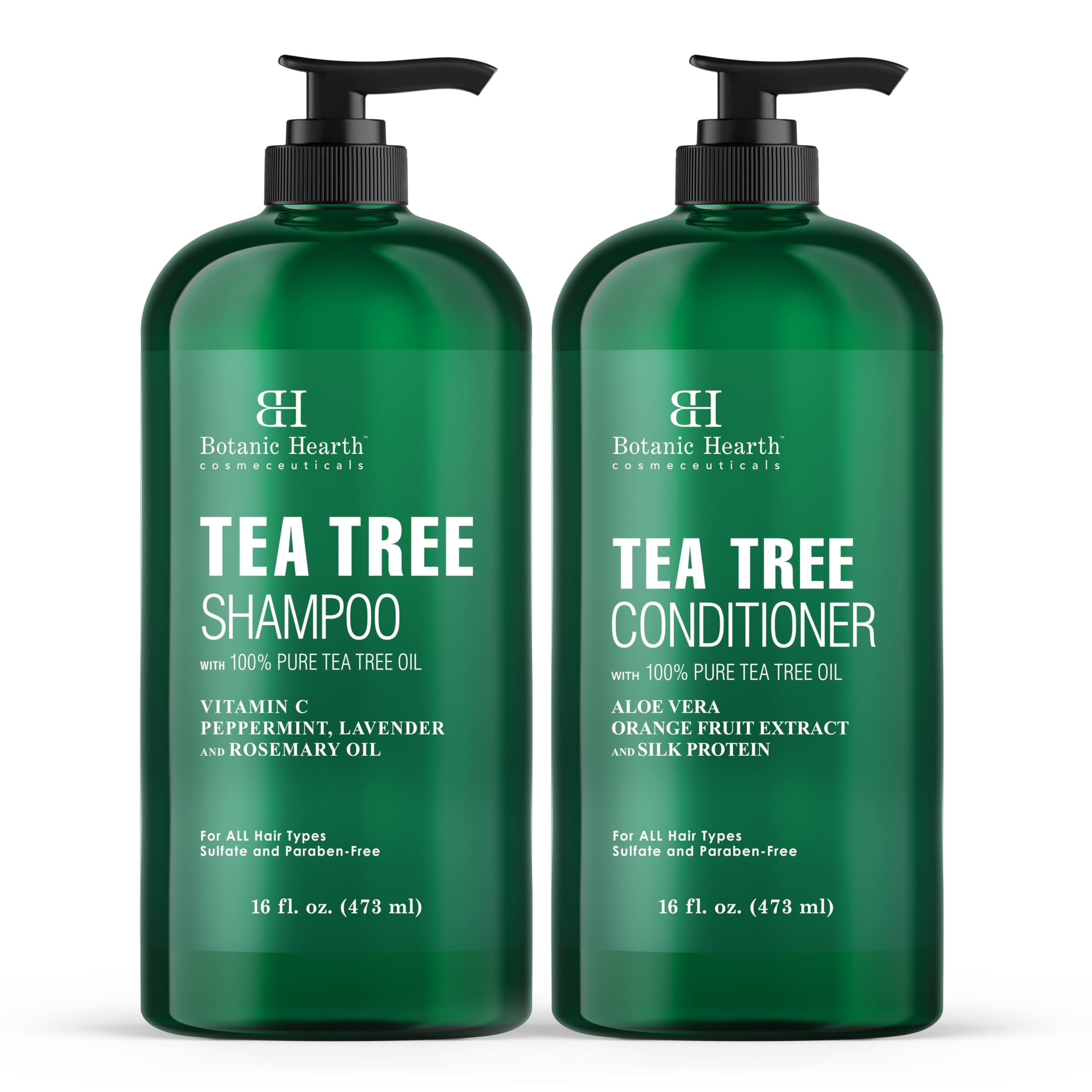 Botanic HearthShampoo and Conditioner Set - with 100% Pure Tea Tree Oil, for Itchy and Dry Scalp, Sulfate/Paraben Free - for Men and Women - 16 fl oz each