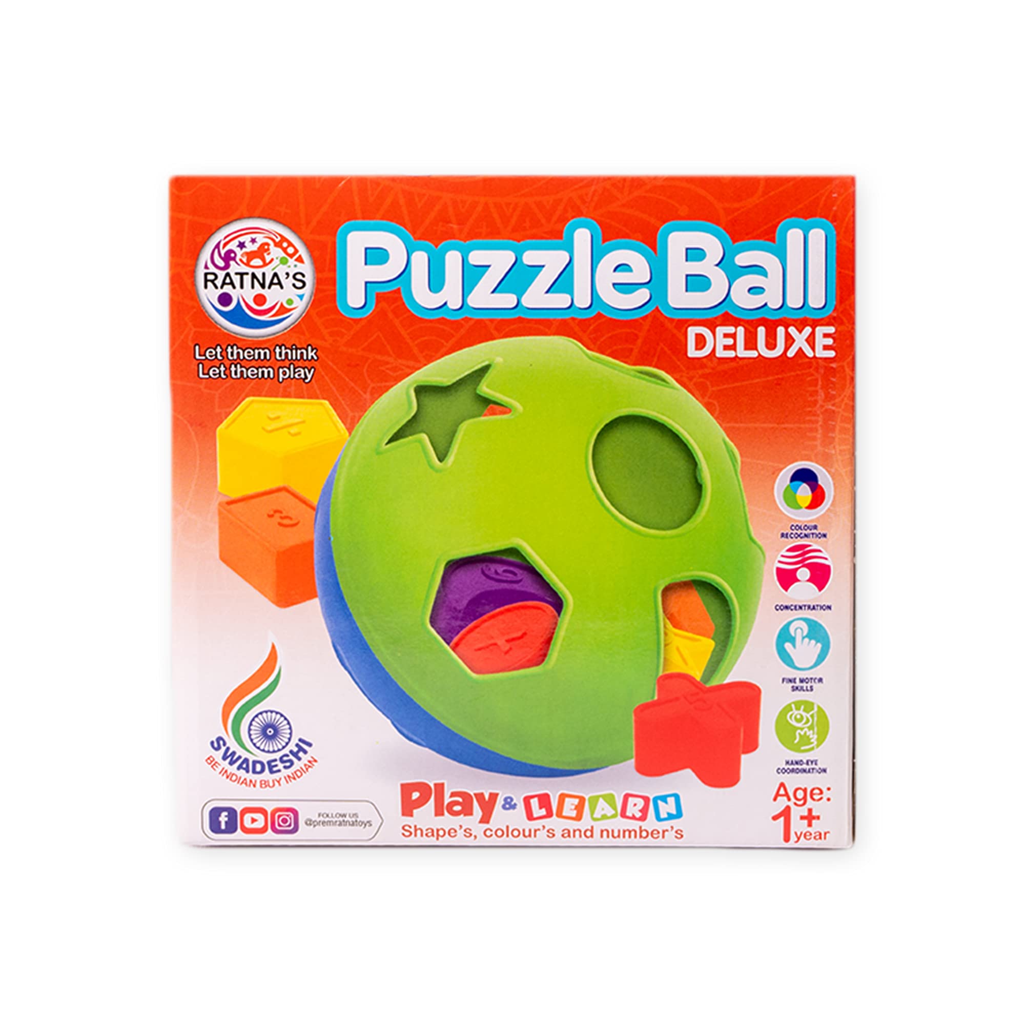 Ratna's Educational Puzzle Ball for Kids 2 in 1. Let Them Learn time with Shapes,Multicolor