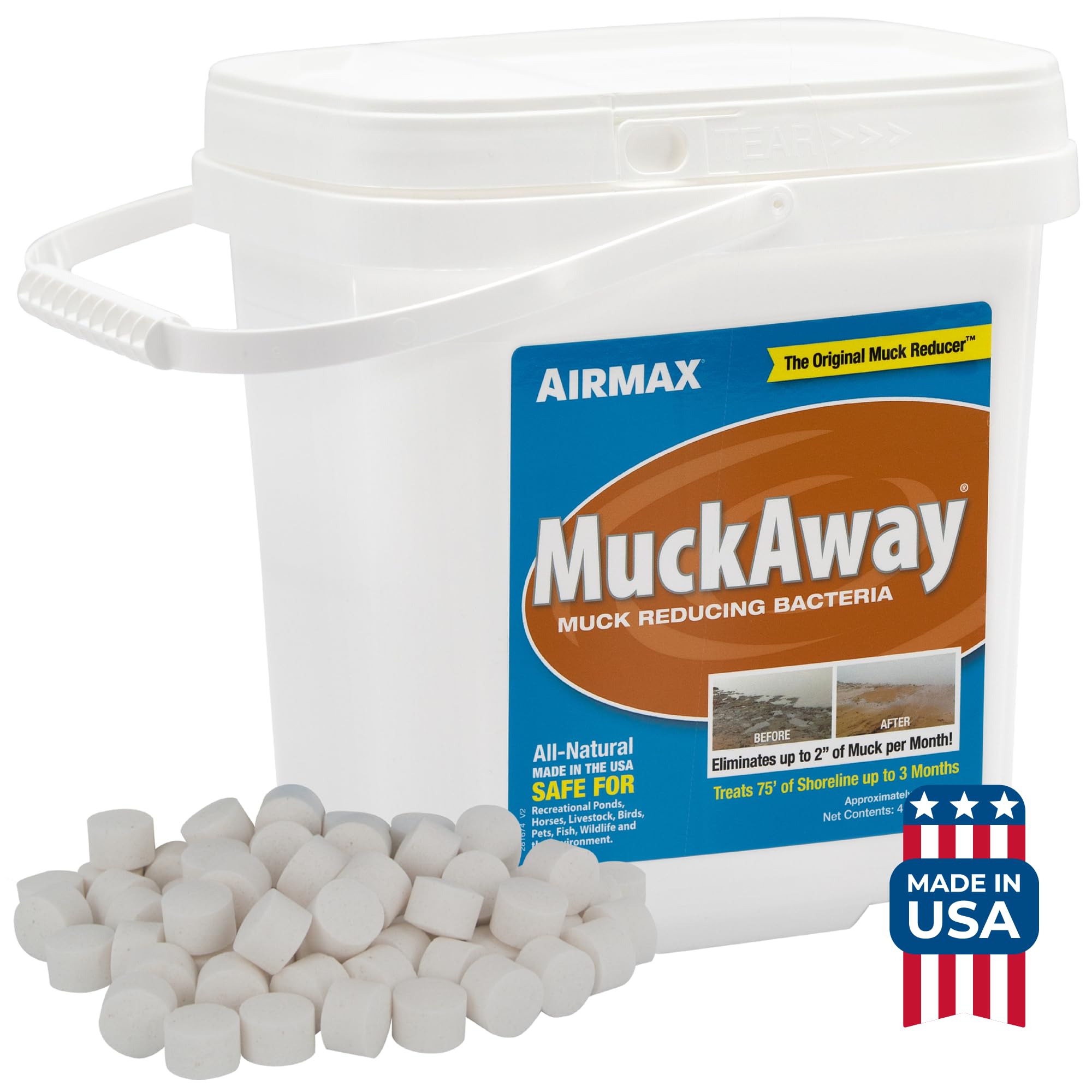 Airmax MuckAway Natural Beneficial Bacteria for Outdoor Ponds & Lakes, Muck, Sludge & Noxious Odor Solution, Easy to use Enzyme Tablets, Cleaner Beach & Shoreline, Fish, Pet & Wildlife Safe, 8 Scoops