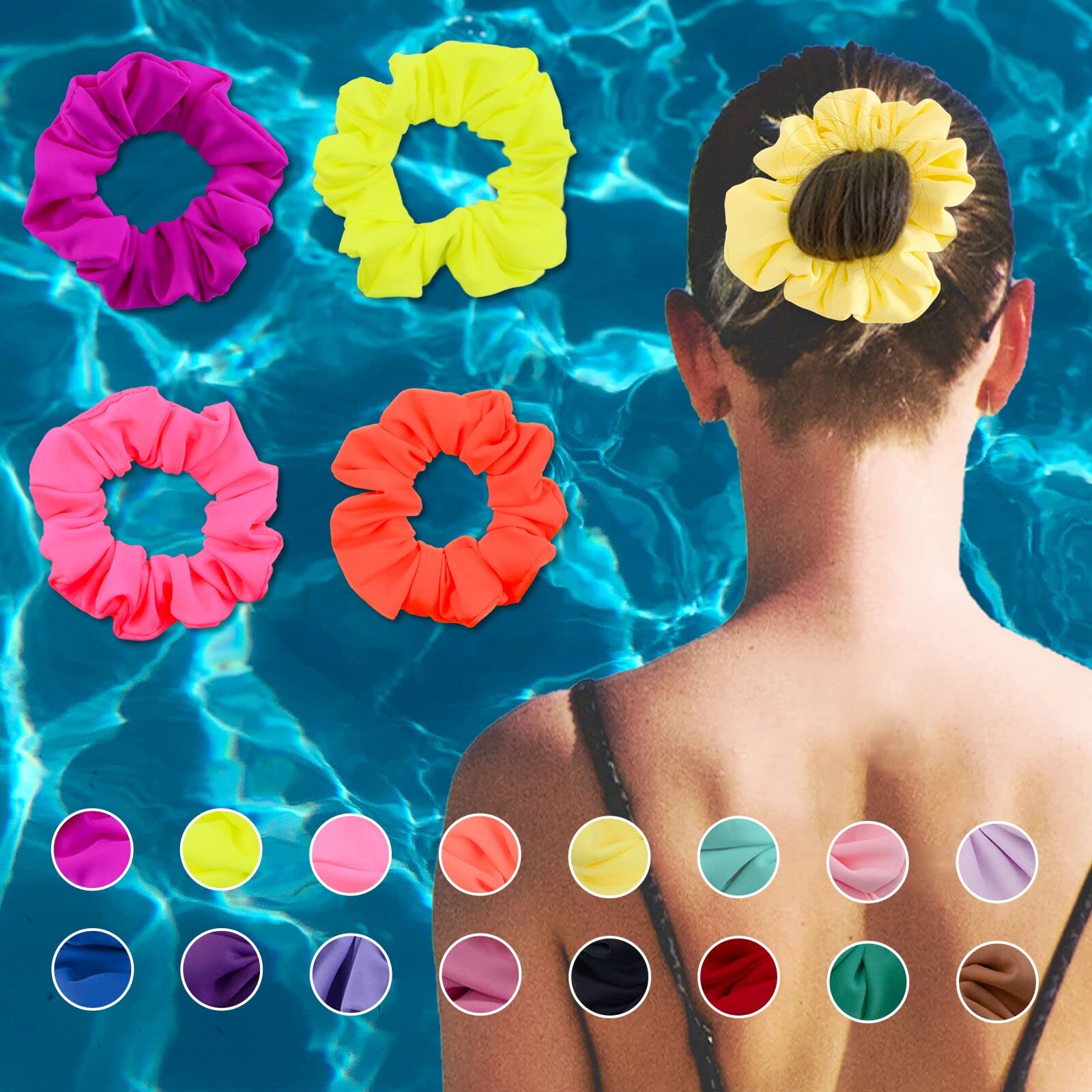 Simnice Waterproof Swim Scrunchies Pool Scrunchie - 16 Colors Elastic Hair bands Ponytail Holder Beach Scrunchies, Prevents Frizz and Breakage, Hair Ties Accessories for Women Girls