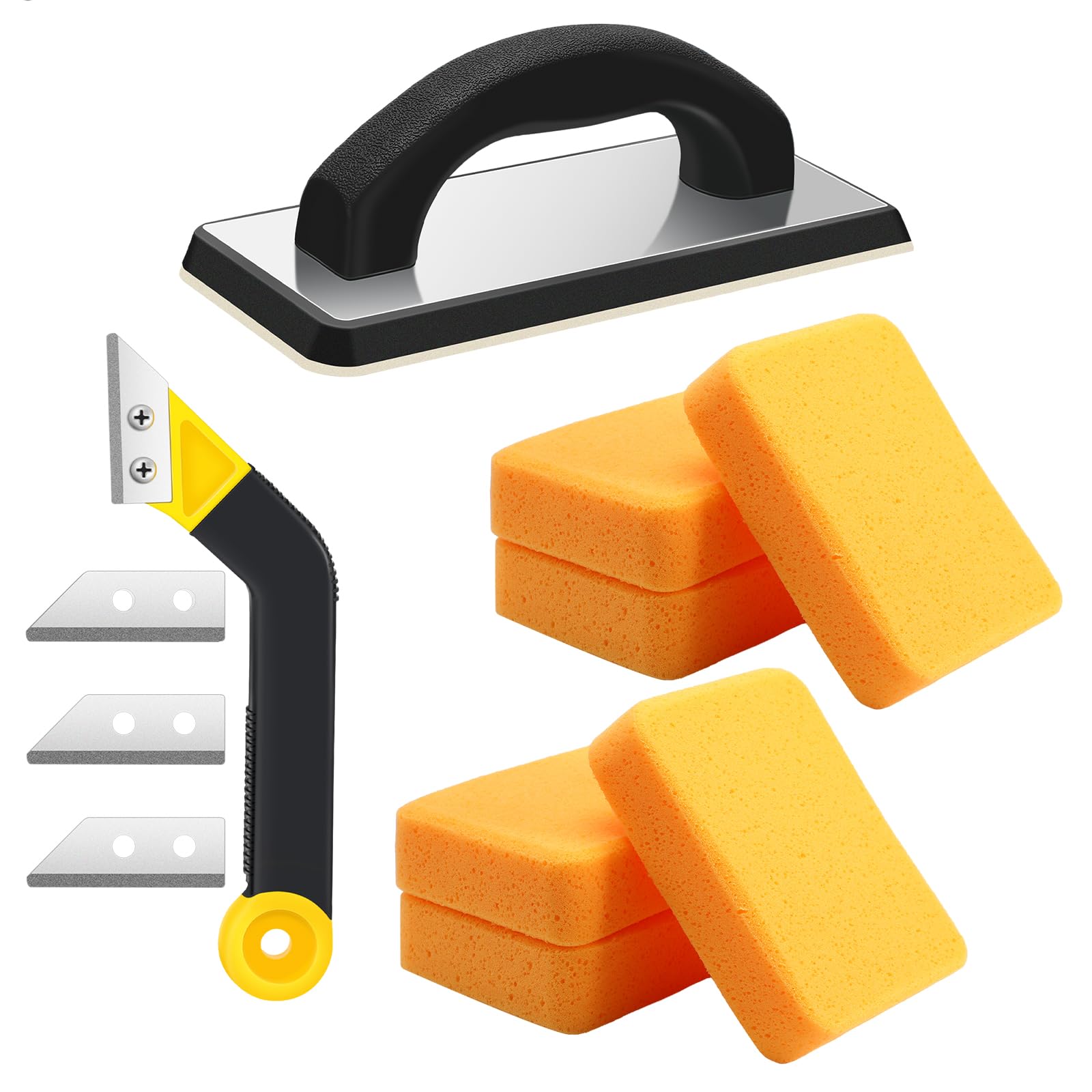 Blulu 11 Pcs Grout Float Sets Include 9.5 x 4 Inch Molded Rubber Grout Float, 6 Grout Sponge, Angled Tile Grout Saw with 3 Blades Replacement, Grout Removal Tool for Masonry Stucco Drywall Concrete