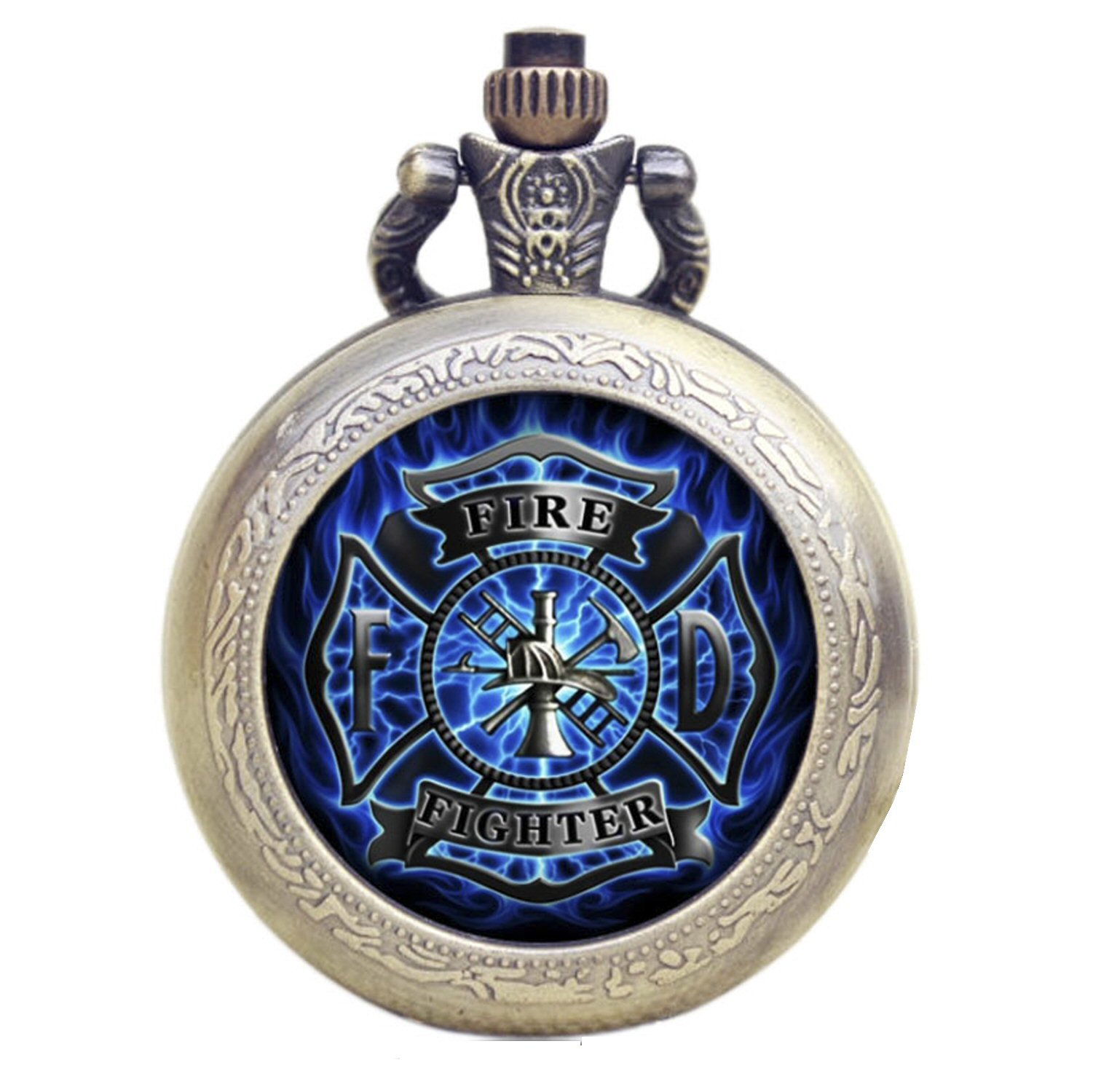 Blue Fireman/Firefighter Bronze Effect Antiqued/Vintage Case Men's Quartz Pocket Watch Necklace - On 32" Inch / 80cm Chain, Firefighter #4