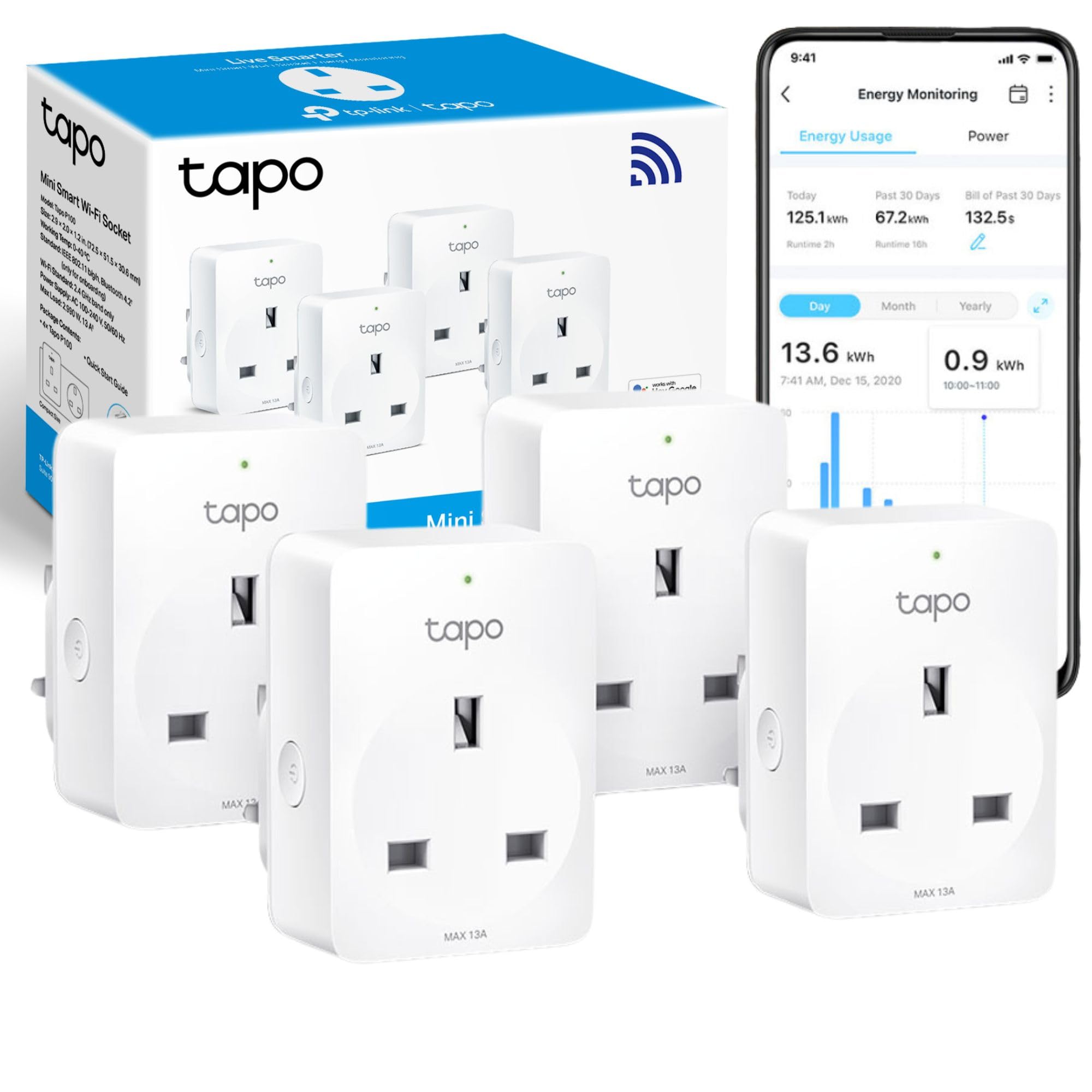 Tapo Smart Plug with Energy Monitoring, Max 13A,Works with Amazon Alexa & Google Home, Remote Control, Device Sharing, Alexa Plug, Smart Plugs, No Hub Required, Tapo P110 (4-Pack), packaging may vary