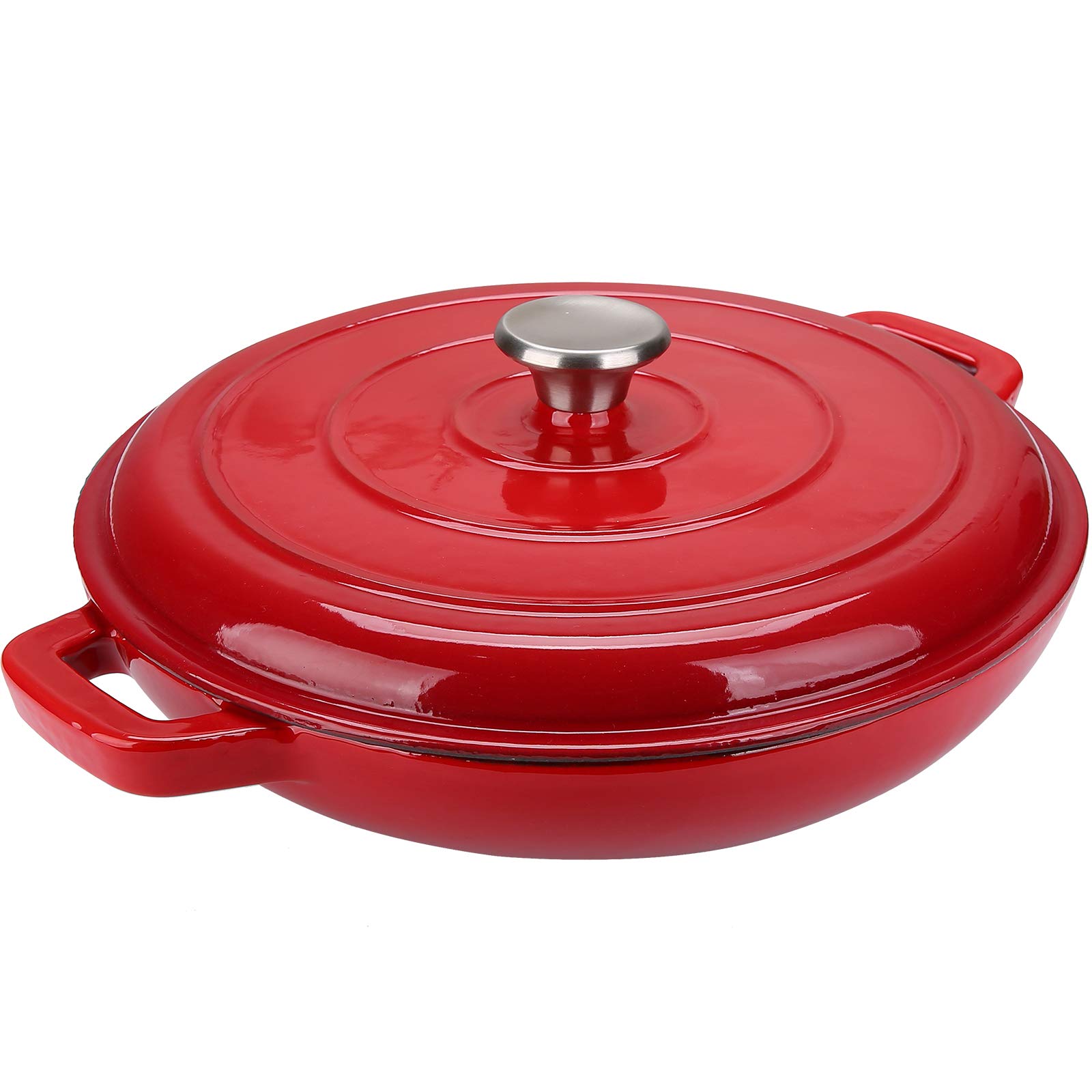 Puricon Enameled Cast Iron Casserole Braiser Pan 3.8 Quart, Enamel Cookware Skillet with Lid and Dual Handles -Red