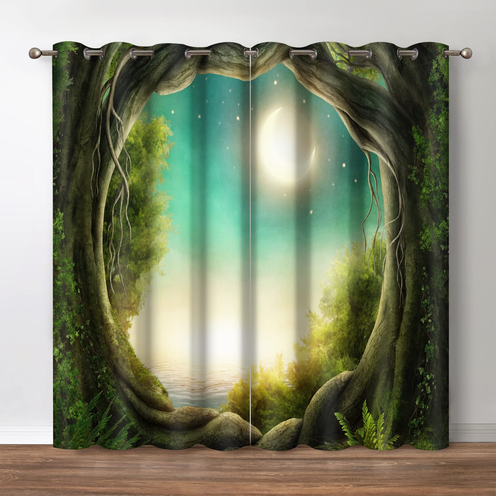 JekenoFantasy Forest Blackout Curtains Magic Forest Trees Trunk Bright Moon Stars Theme Print Decor Home Bedroom Living Room Darkening Grommet Window Drapes 2 Panels Set, 52"x84"