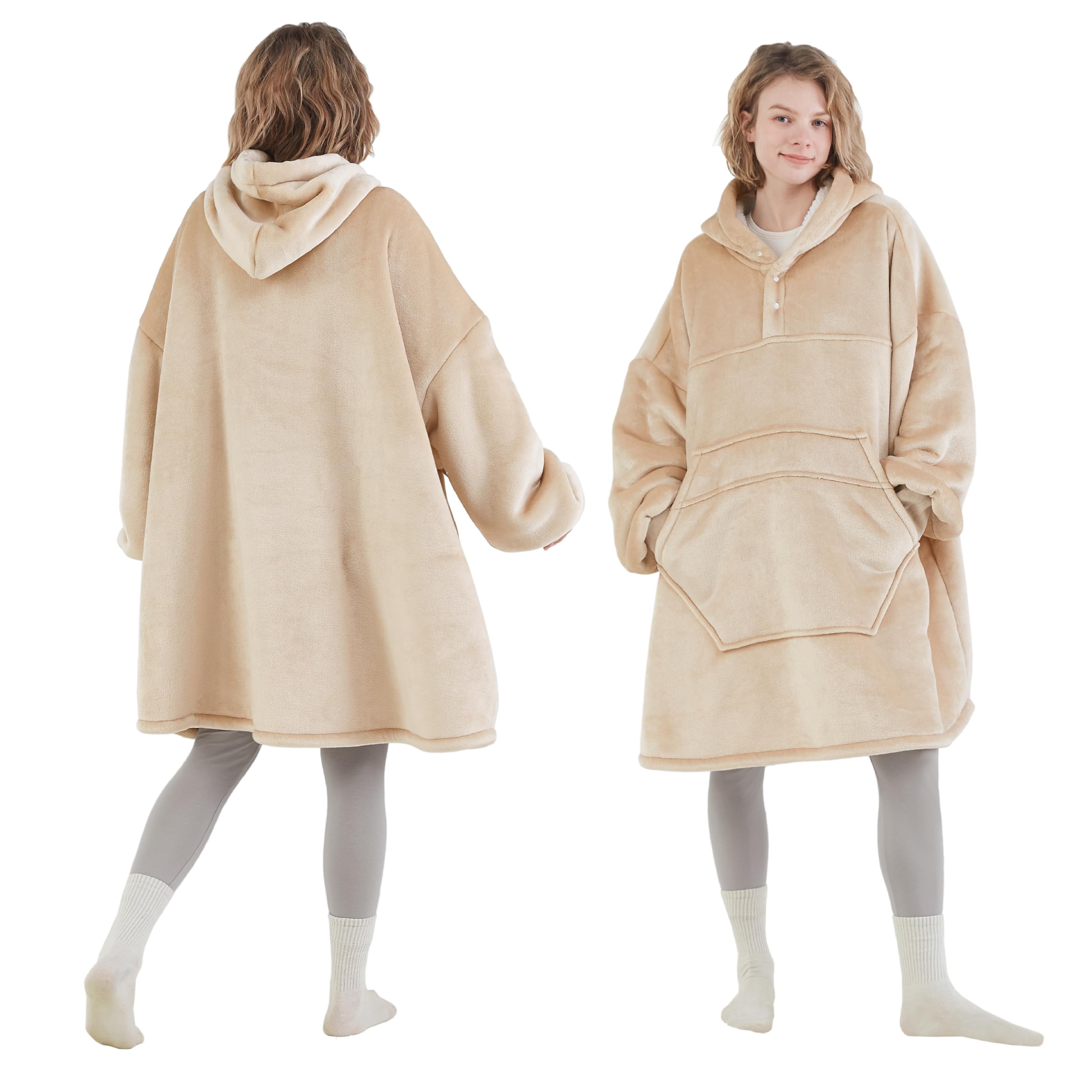 DEGREES OF COMFORT Original Sherpa Wearable Blanket Hoodie, Oversized Hooded Sweatshirt Blankets, One Big Size Fits All, 38x32 Sand