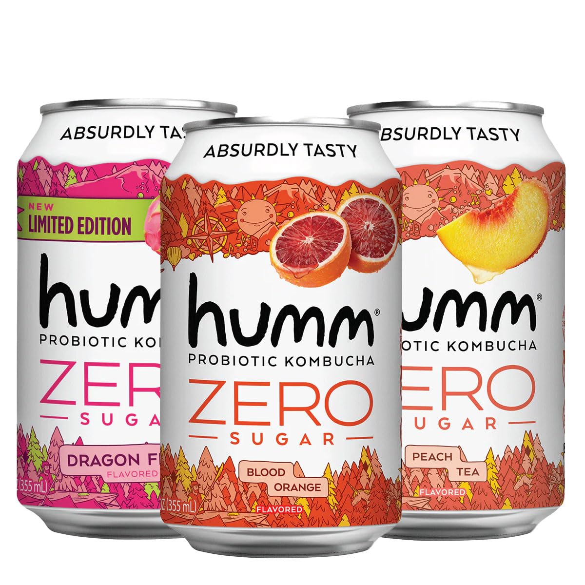 HummProbiotic Kombucha Zero Sugar - Blood Orange, Peach Tea, Dragon Fruit (8 Cans Each Flavor) - Organic, Vegan, Gluten-Free - 12oz Cans (24 Pack)