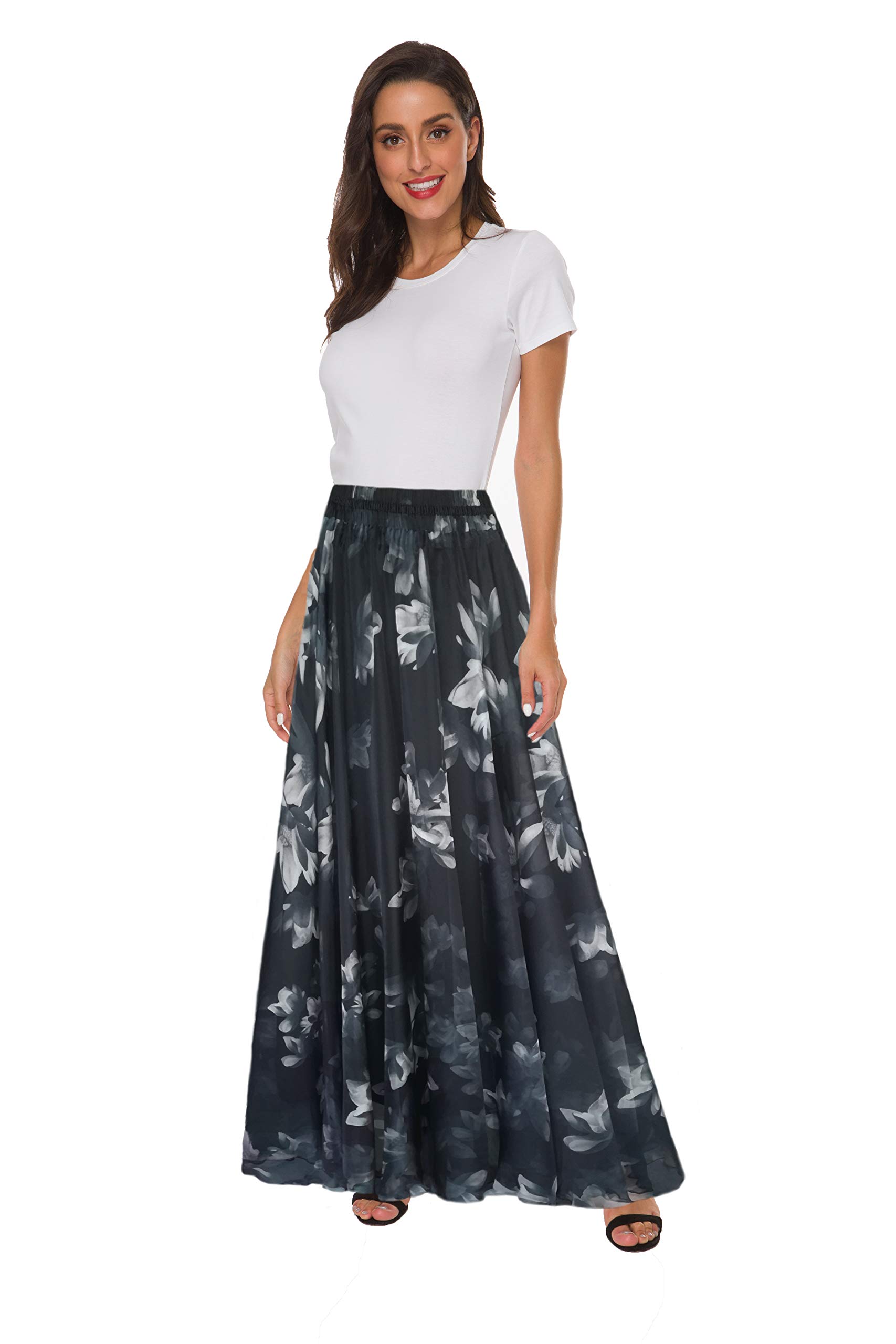 SinonoWomen's Floral Maxi Chiffon Long Skirts Full Length Beach Skirt