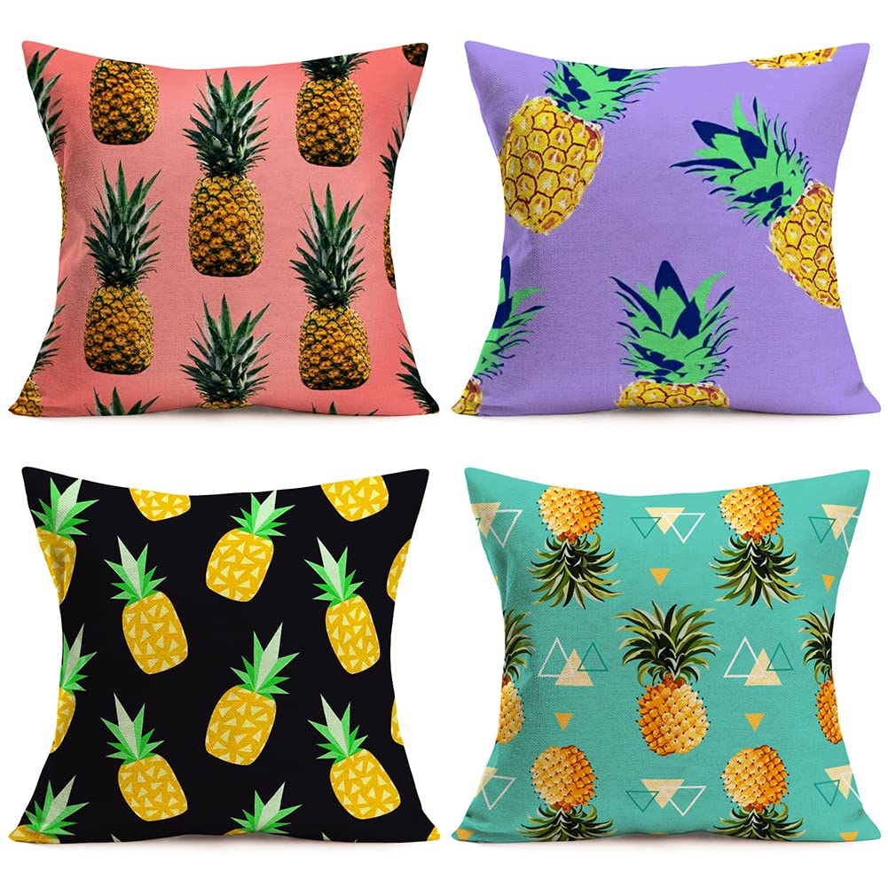 Qinqingo Pineapple Pillow Covers Tropical Fruit Summer Decoration Throw Pillow Case Cotton Linen Square Cushion Cover Pillowcase Sofa 18"x 18", Set of 4 (Pineapple-4)