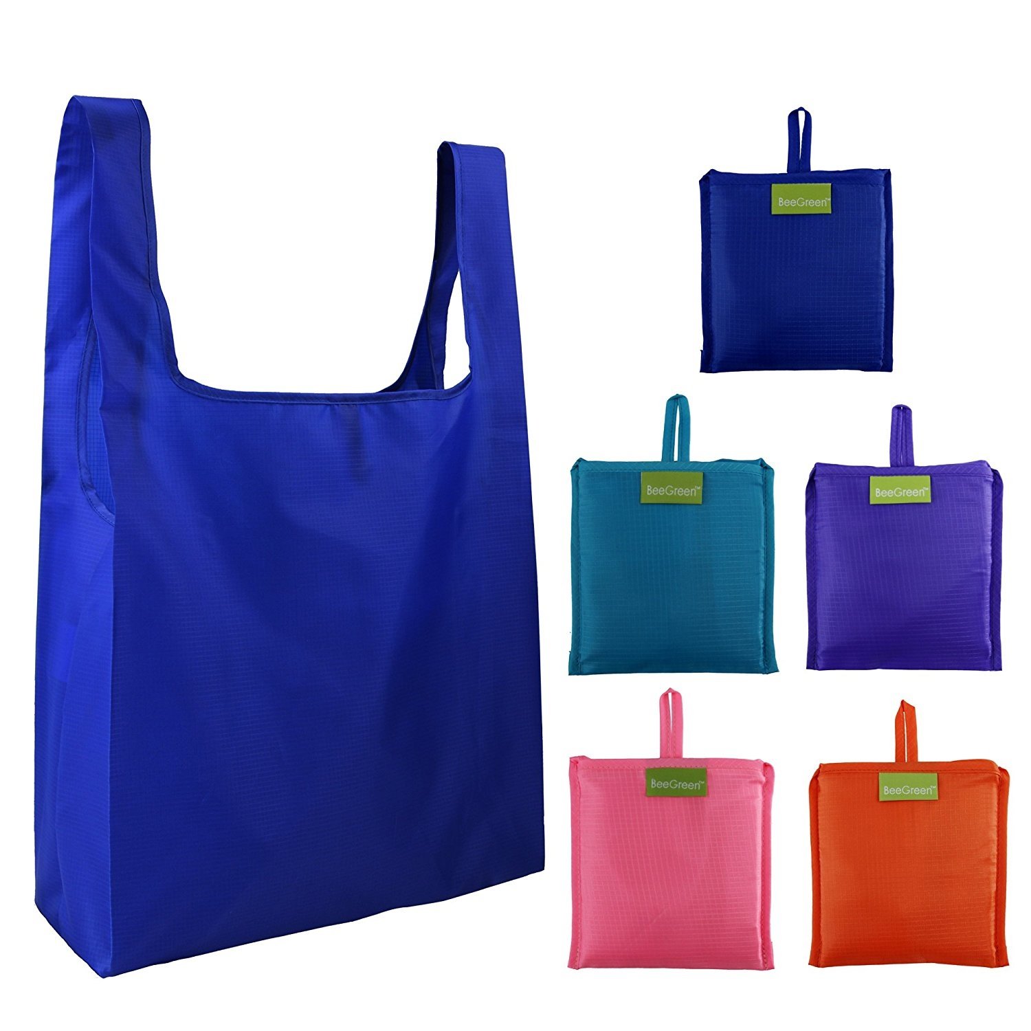 BeeGreen Reusable Shopping Bags for Groceries Foldable XLarge Nylon Tote Bags Solid Color Ripstop Washable Durable (Royal,Teal,Purple,Pink,Orange)