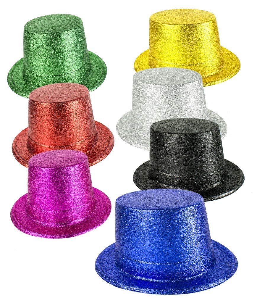 Bright Glitter Top Hats in Assorted Colors - 12 Pack - 2025 New Years Eve Supplies