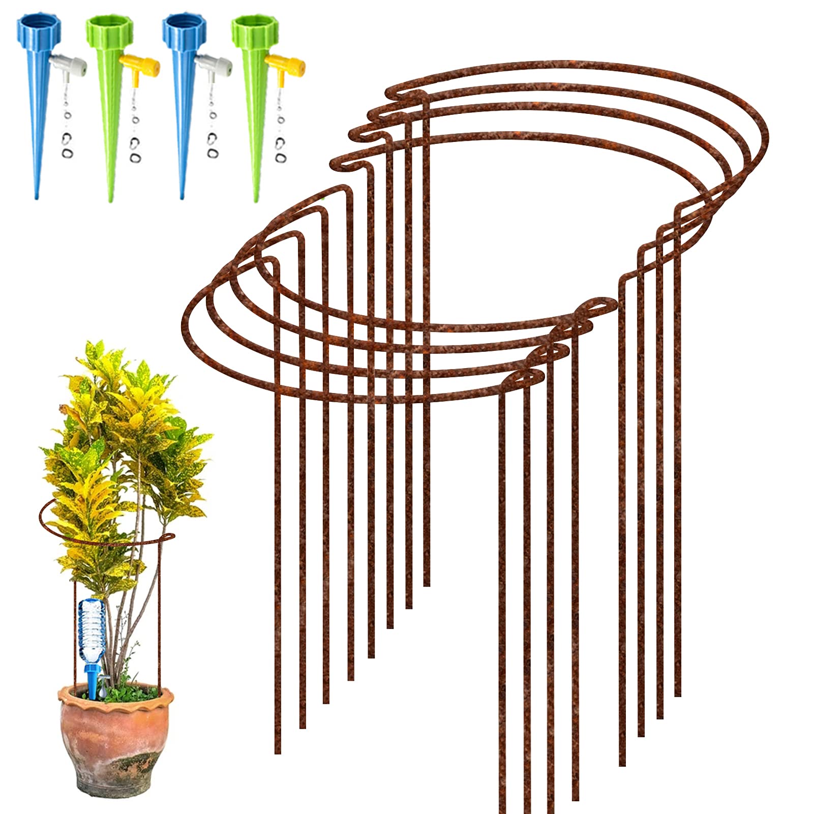 8 Pack Rusty Bow Plant Support Stakes, Half Round Natural Rust Flower Support Ring Cage Frame with 4 Self Watering Spikes, Rusted Metal Interlinking Garden Border for Peonies, Hydrangea(25x40cm)