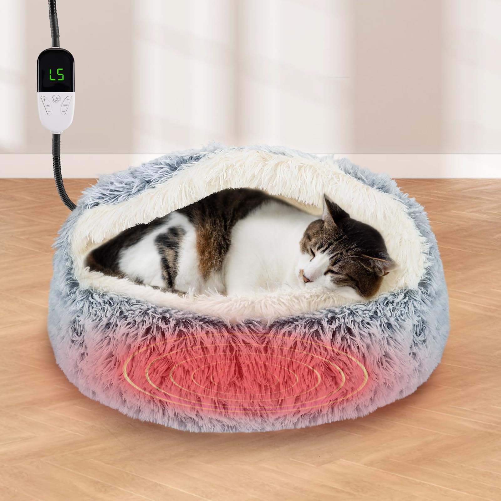 MEWTOGO23.6in Heated Cat Bed with Hooded Cover - Warm & Soft Cat Cave Bed with Pet Heating Pad, 6 Levels Adjustable Temp & Timer, Washable for Small Pets Up to 30lb and Cat Gifts