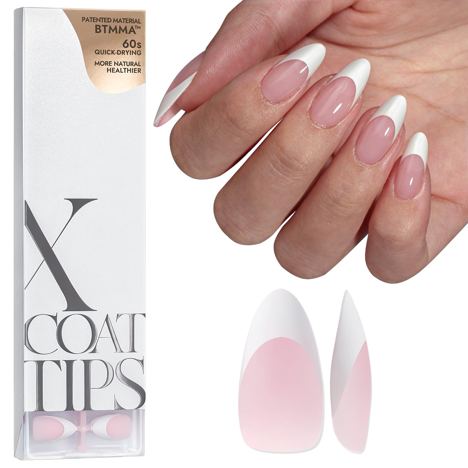 btartboxnailsFrench Gel Nail Tips - French Tip Press on Nails Pink Medium Almond XCOATTIPS Pre-applied Tip Primer & Base Coat, No Need to File Fake Nails for Nail Art DIY