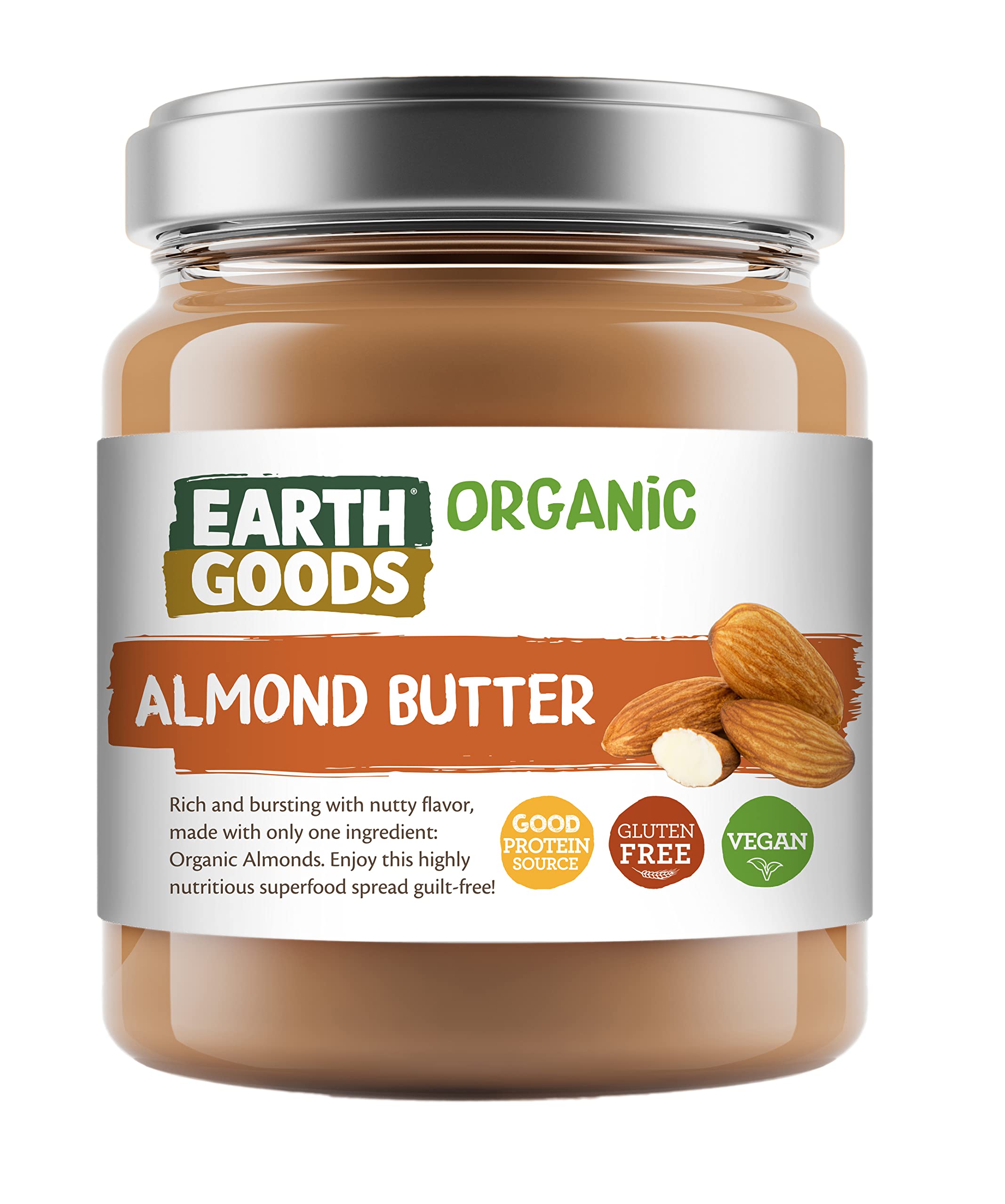 Earth Goods - Organic Almond Butter - Rich and Nutty Flavor - Roasted Almonds - 200g