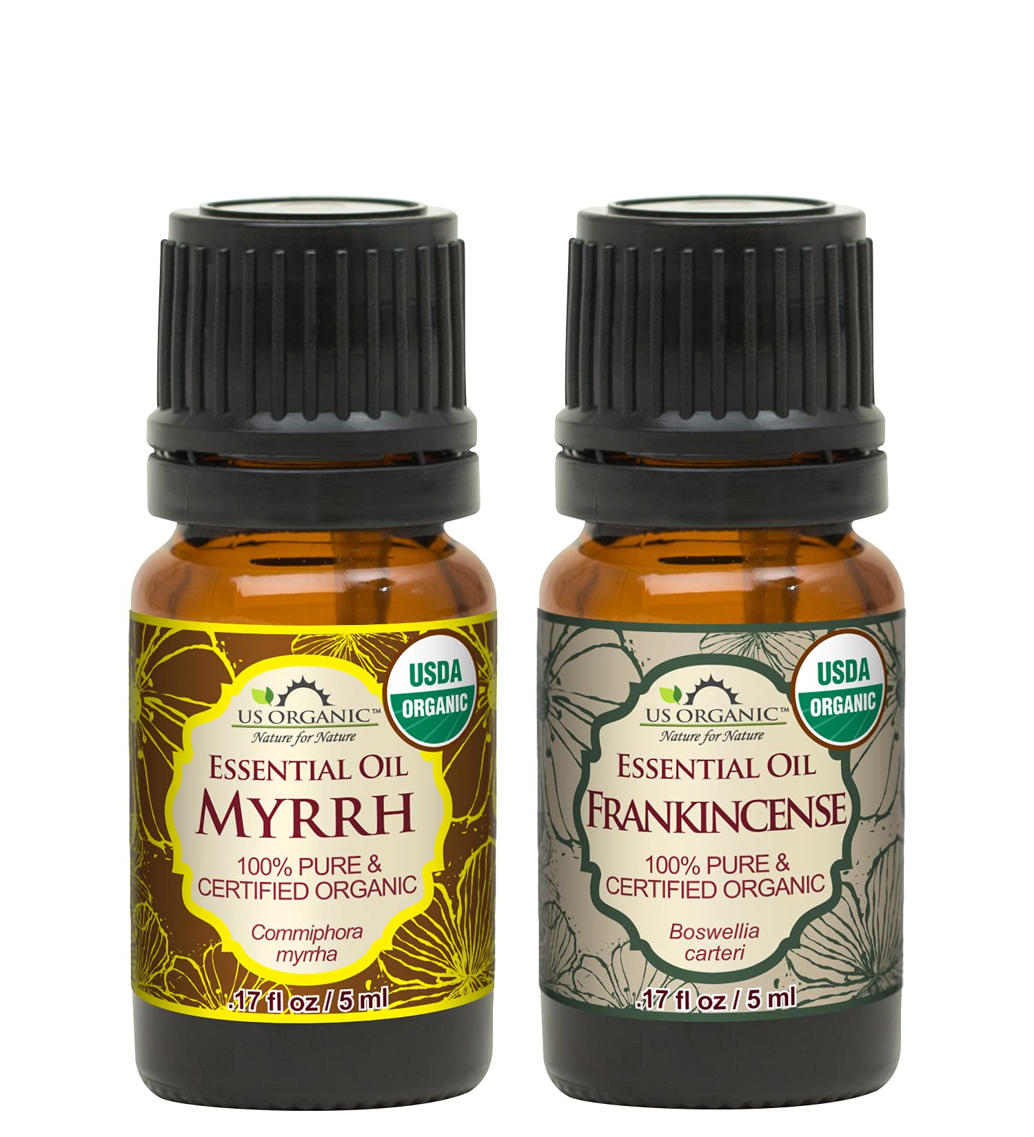 US Organic100% Pure Myrrh, Frankincense Essential Oil Combo Pack - Directly sourced from The Horn of Africa - USDA Certified Organic - Use Topically or in Diffuser (5 ml Combo)