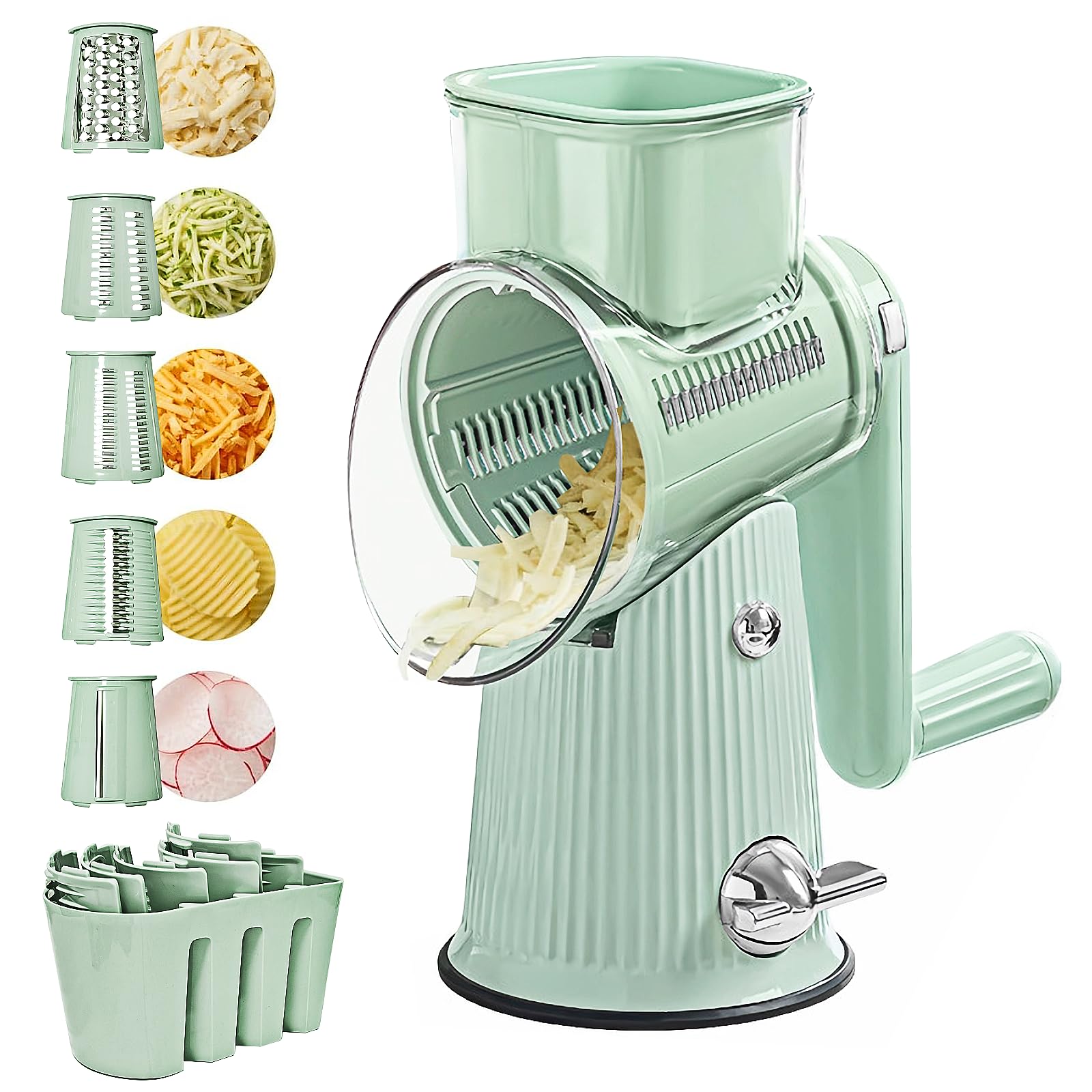 R RUISHENGRotary Cheese Grater with Handle Speed Hand Crank Cheese Shredder with 5 Interchangeable Blades Kitchen Vegetable Slicer with Strong Suction Base for Fruit Vegetables Nuts