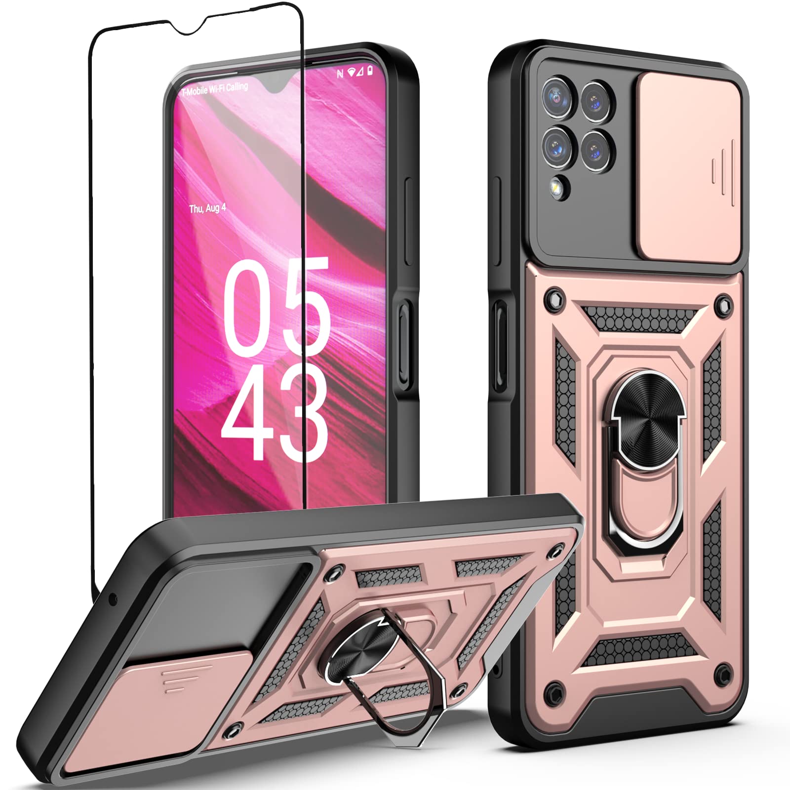 Dretal for T-Mobile REVVL 6 Pro 5G Case, REVVL 6 Pro 5G Case with Stand Kickstand Ring and Camera Cover with Tempered Glass Screen Protector, Military Grade Shockproof Protective Cover (TC-Rose Gold)