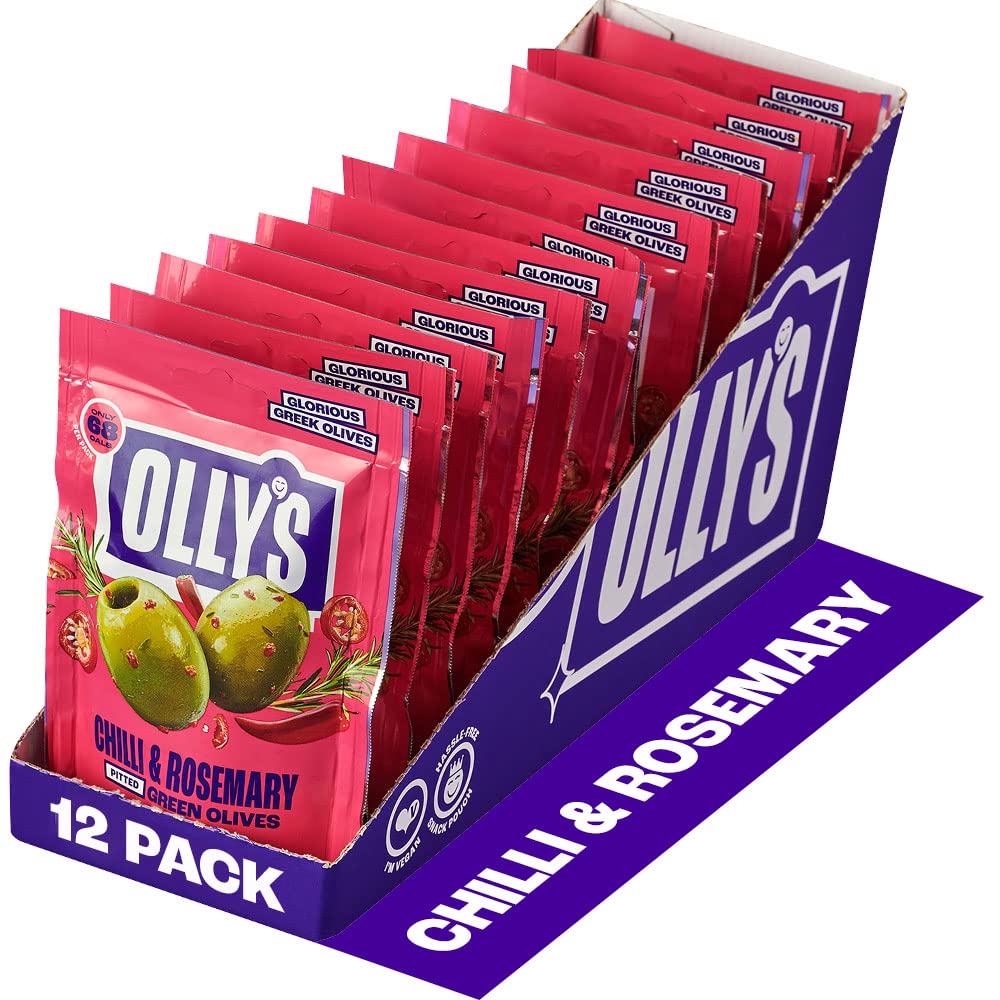 Olly's Olives, Chilli & Rosemary, 50 g (Pack of 12), 100% Natural Ingredients, Handy Snack Pouches, Healthy Vegan Snacks, Low Calorie, Source of Fibre, No Preservatives, Gluten Free