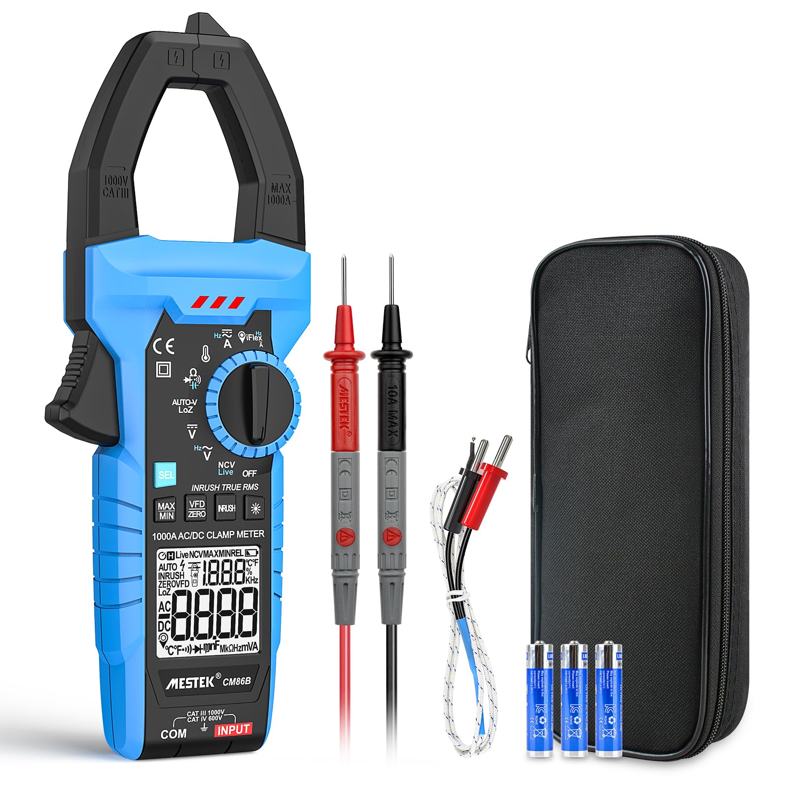 MESTEK Inrush Digital Clamp Meter Multimeter Voltage Tester 1000A TRMS 6000 Counts AC/DC Current Amp Meter with VFD, LOZ Mode, Measures Current Voltage Temperature Resistance Capacitance Frequency