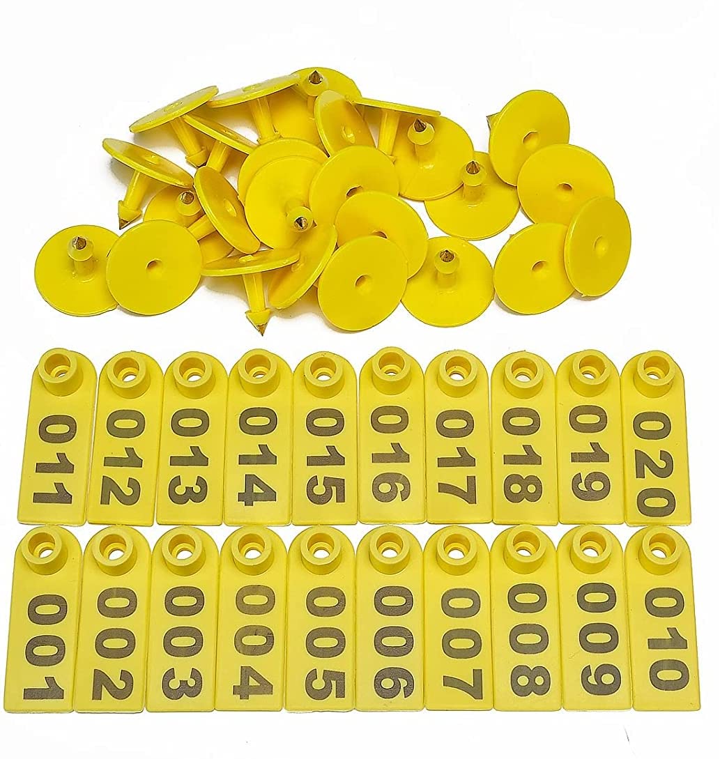 SHAKYA GREEN Livestock Ear Tags Numbered Animal Ear Tagger Identification ID Tag Marker Farm Ear Tag Kit for Goat and Sheep (100PCS X Yellow)