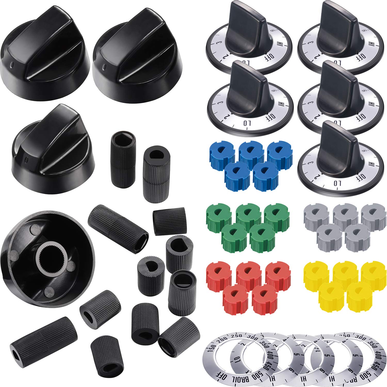 Jetec KN002 Electrical Knob Kit Compatible with Oven Range Burner Replace for GE AP5641247 MA-XP6 RK103 4 Pieces Black Control Knobs Replacement with 12 Pieces Adapters