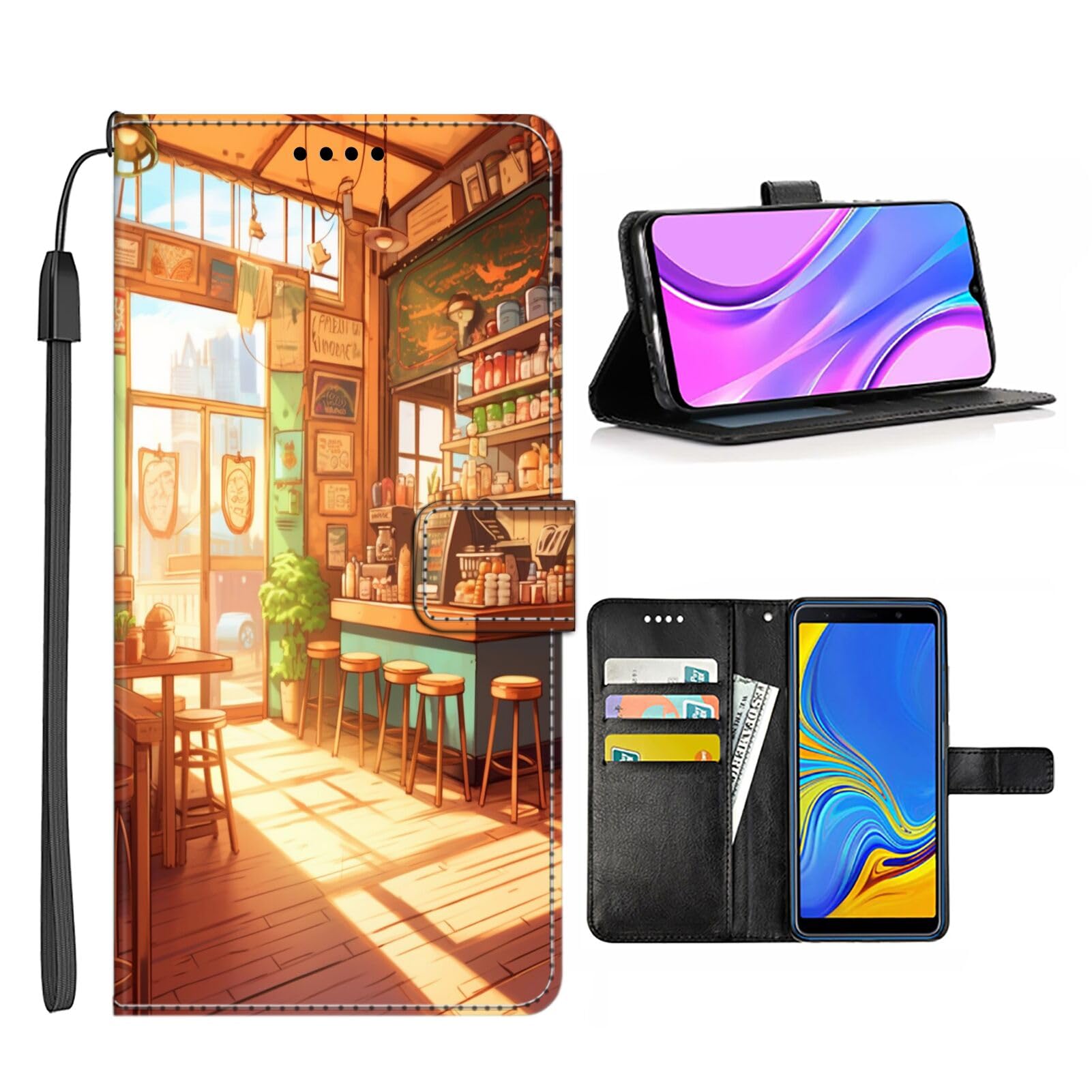 Wallet Case for Samsung Galaxy A40 with Coffe Shop-aa4 Pattern PU Leather Flip Folio ID&Credit Cards Pocket Lanyard