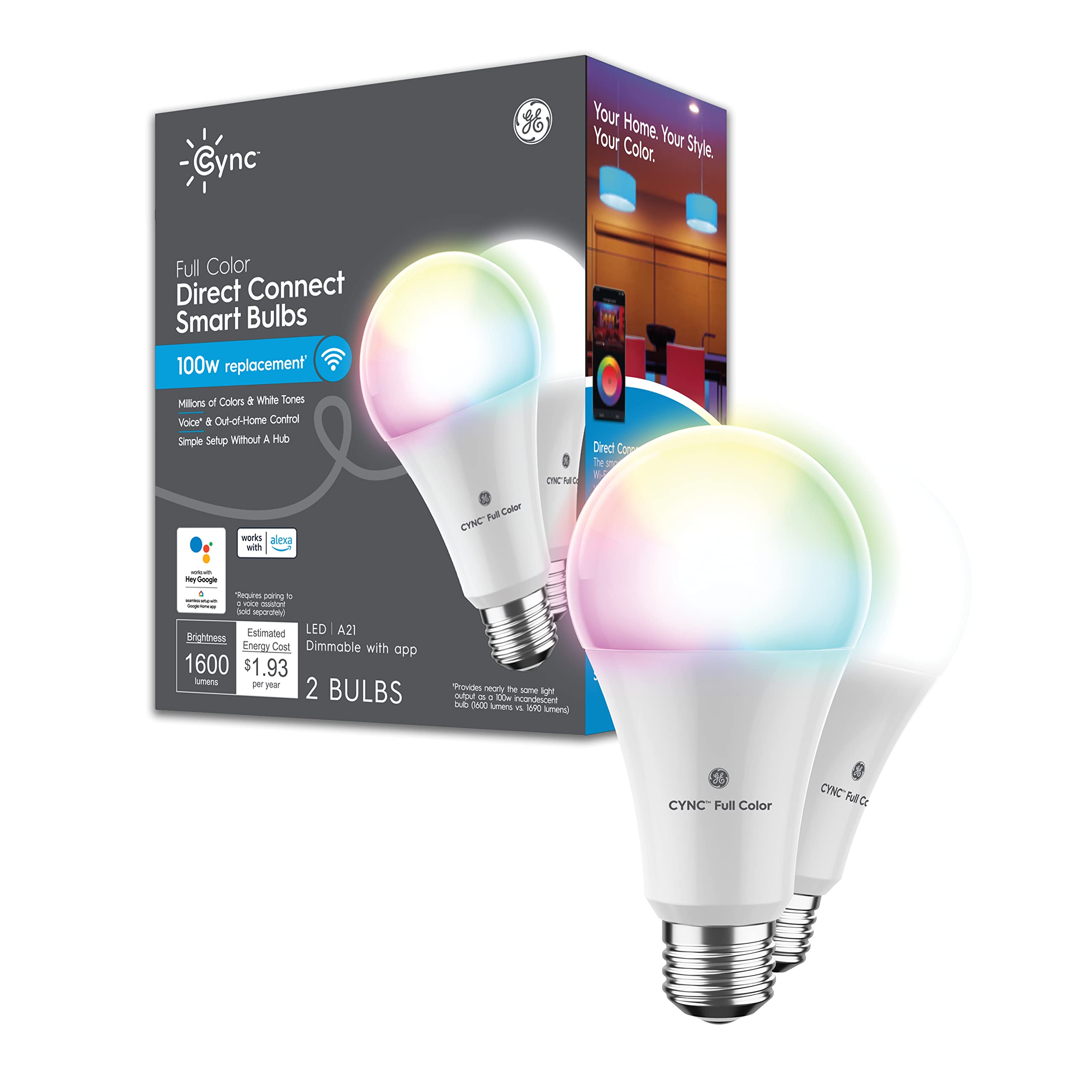 GE CYNC Smart LED Light Bulbs, Color Changing Lights, Bluetooth and Wi-Fi Lights, Compatible with Alexa and Google Home, A21 Light Bulbs (2 Pack)