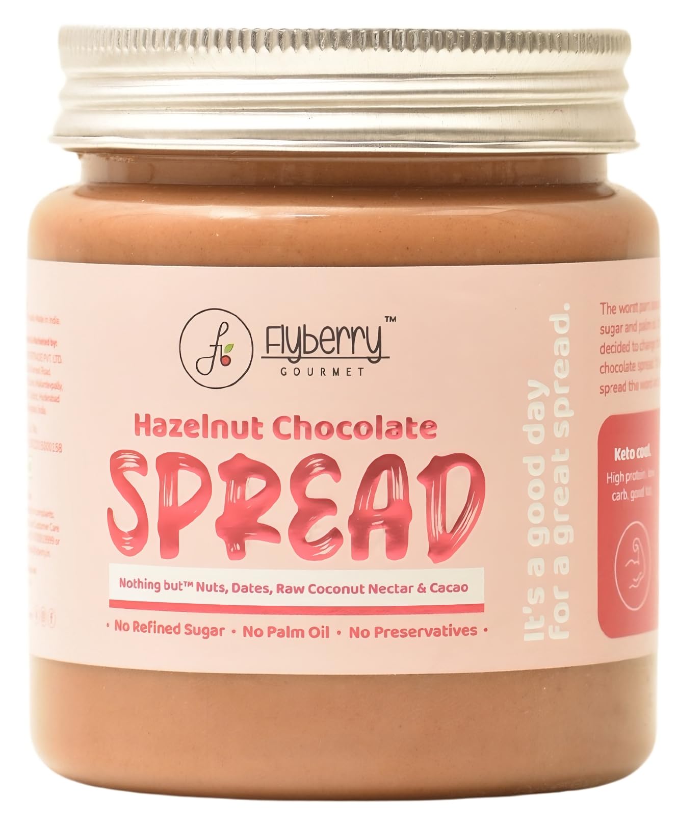 Flyberry Gourmet Hazelnut Chocolate Spread | 34% Hazelnut & 23% Almond | No Palm Oil & Refined Sugar | 100% Natural Ingredients | No Added Preservatives | Easy To Spread on Bread, Paratha | 100g