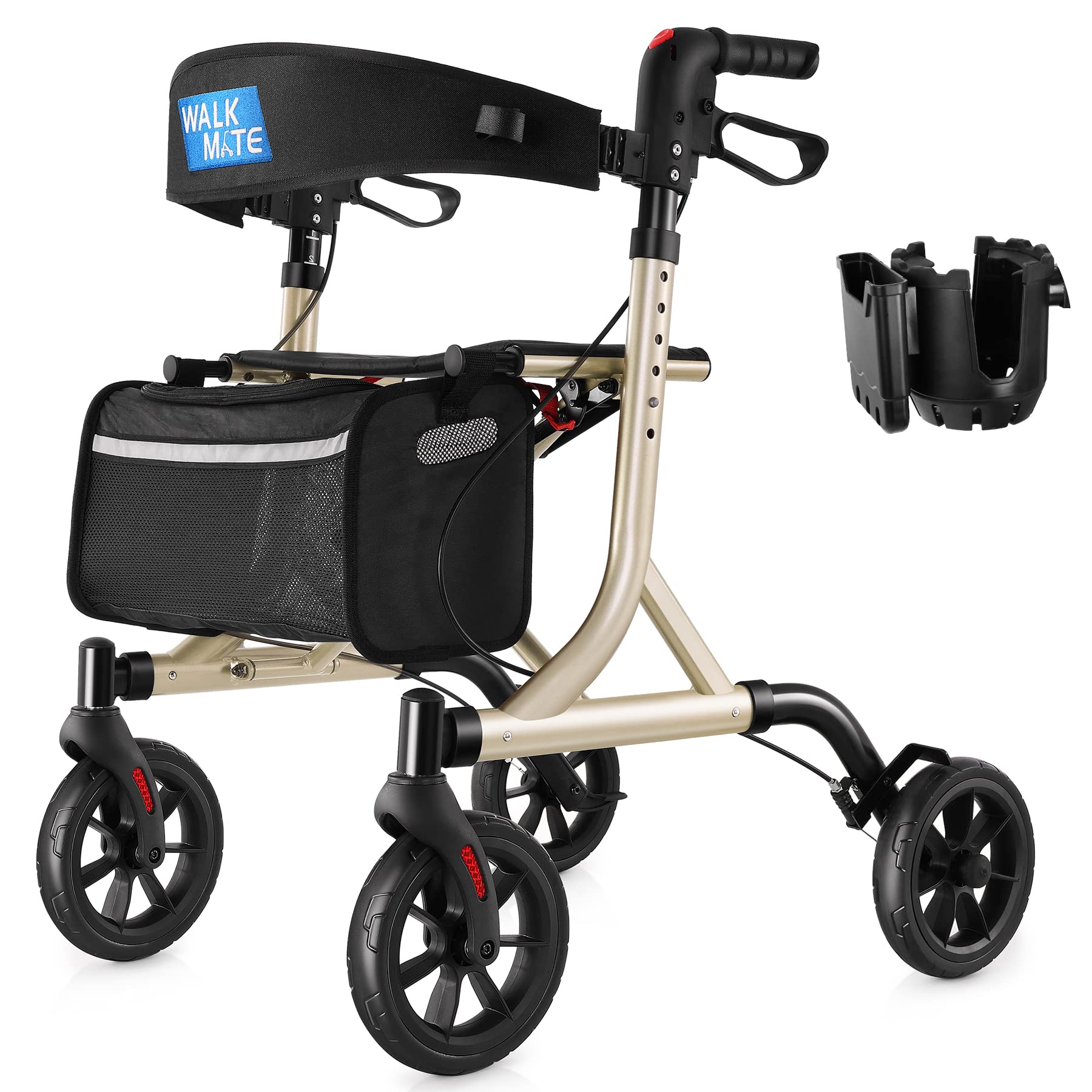 Rollator Walker for Seniors with Cup Holder, Upgraded Thumb Press Button for Height Adjustment, 4 x 8 Wheels Walker with Seat Padded Backrest Folding Lightweight Walking Aid, Gold