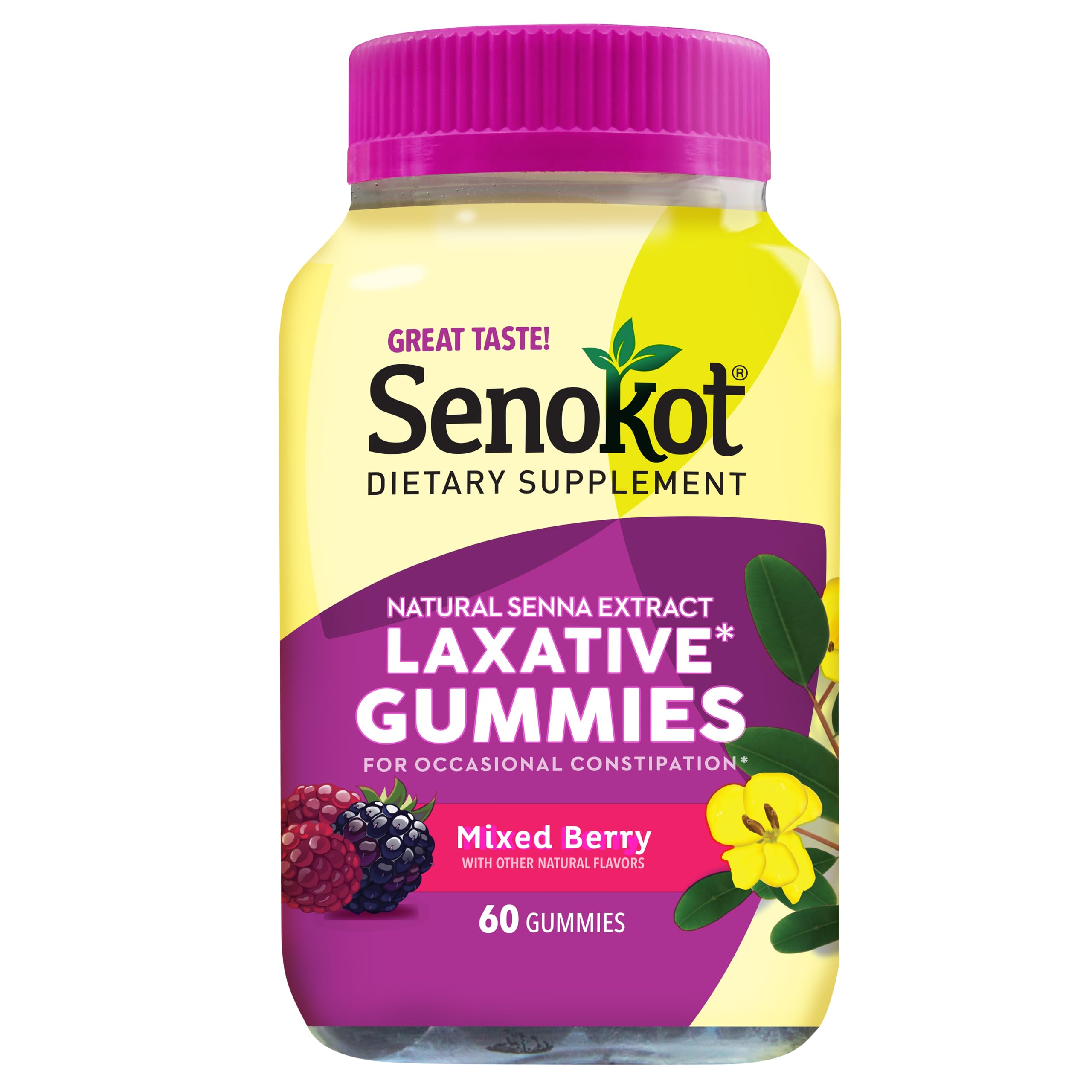 SenokotDietary Supplement Laxative Gummies, Natural Senna Extract, Gentle, Overnight Relief from Occasional Constipation, Mixed Berry Flavor, 60 Count.