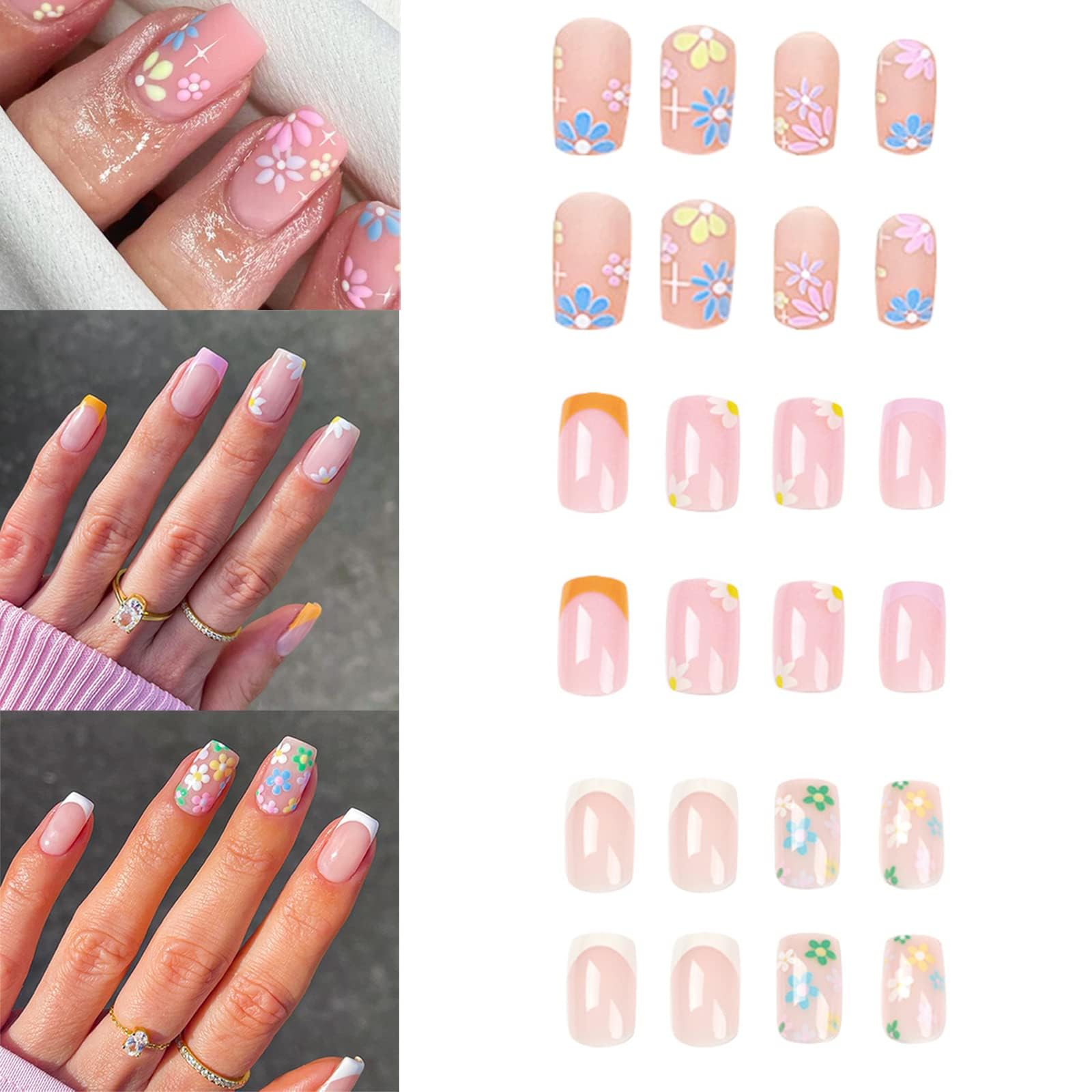 Azonee French Press on Nails Short Colourful Flower Designs Square Fake Nails Nude Glossy Full Cover Glue on Nails Stylish Nails Art Matte Stick on Nails Cute for Women and Girls (Pink, 72PCS)