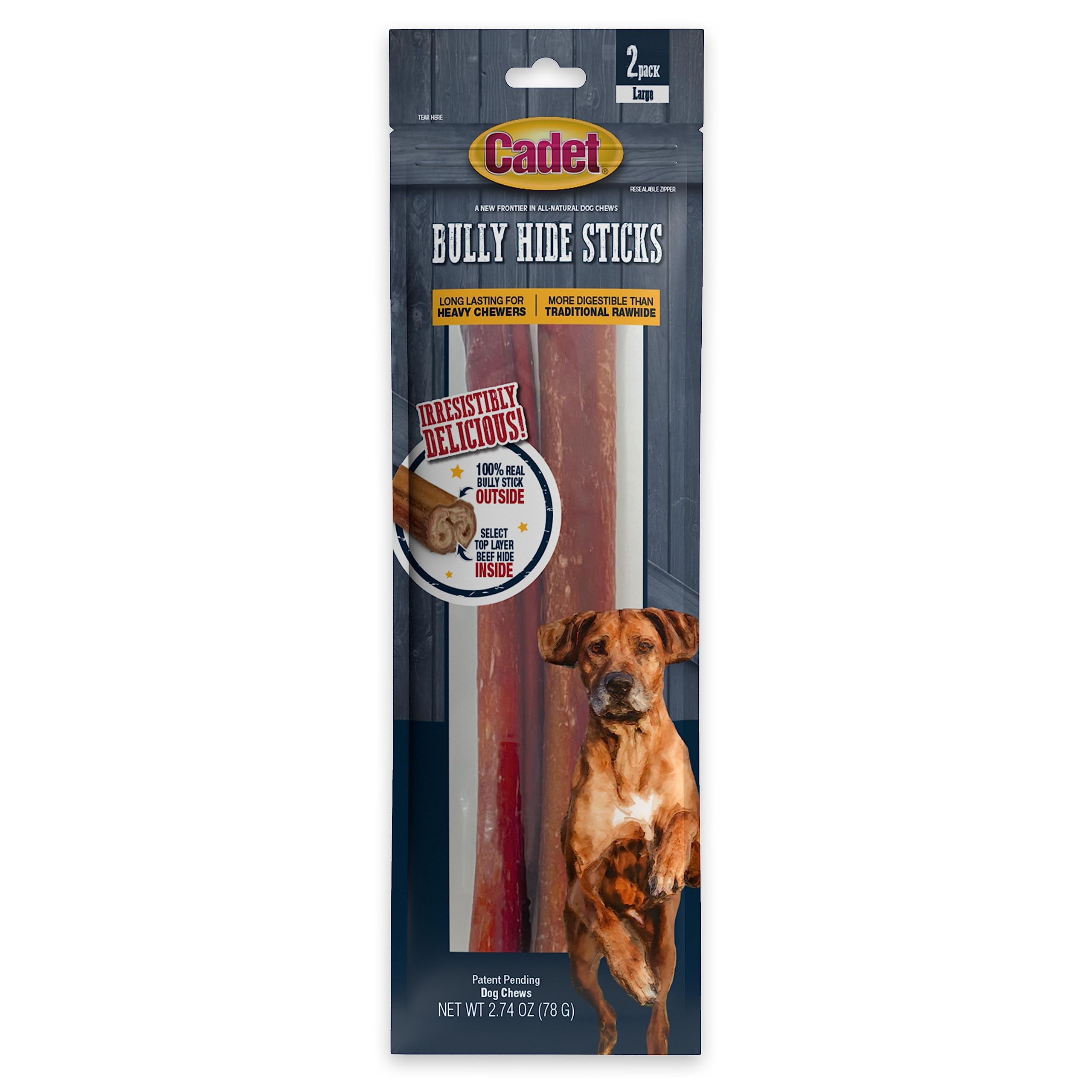 Cadet Bully Hide Sticks for Dogs - All-Natural Bully Stick & Beef Hide Dog Chews - Long Lasting Bully Sticks Alternative Made with 2 Ingredients - Dog Chews for Aggressive Chewers, Large (2 Pack)