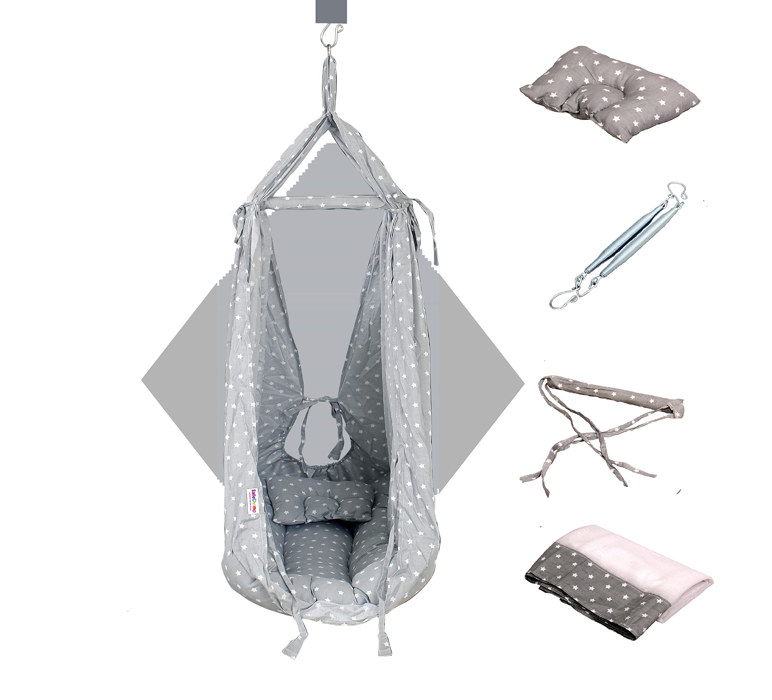 SafeChamp Roxy Baby Swing Cradle with Mosquito Net, Pillow and Spring (Grey)