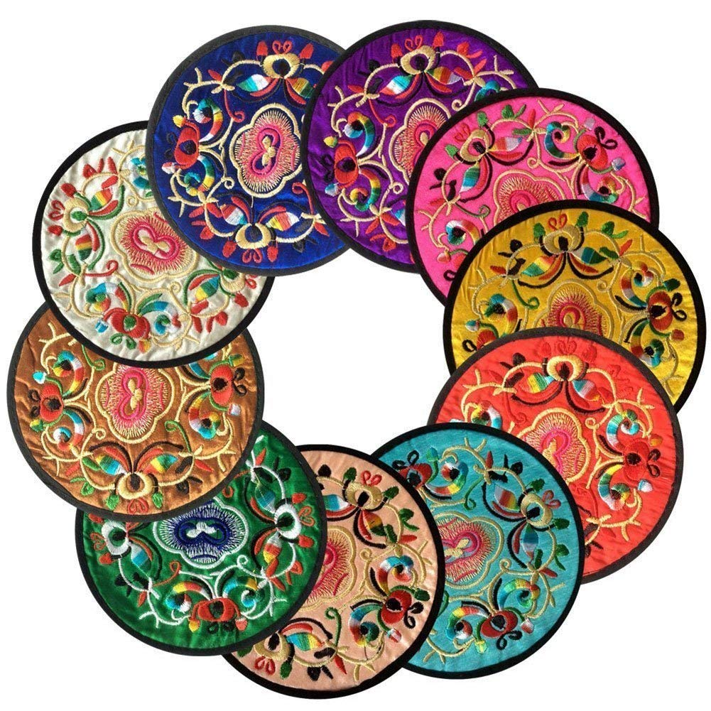 Cuteco Round Coasters for Drinks Placemats Set Chinese Embroidery Large Glass Cup Place Mats Pad Novelty For Tea Coffee (6 pcs)