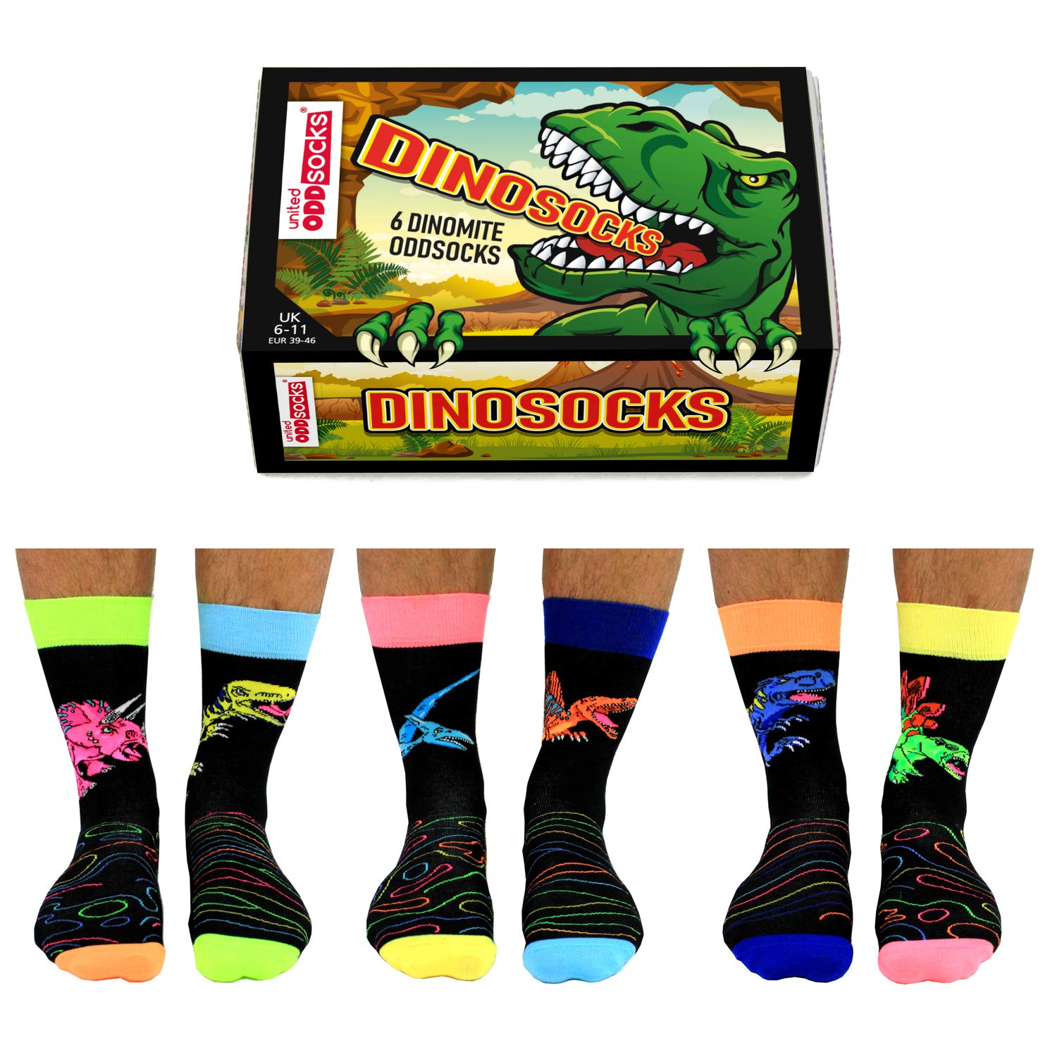 United OddsocksDinosocks - United Oddsocks - 6 Oddsocks for Men UK, UK 6-11 EUR 39-46 US 7-12, Multicoloured