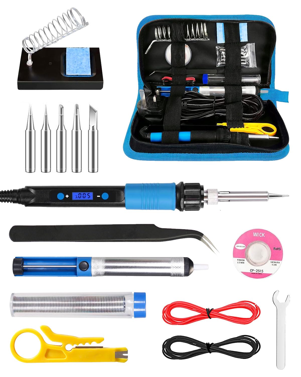 MOXTOYUSoldering Tool Set, 100W Adjustable Temperature 220-500°C, Easy-to-Use On/Off Switch, 5 Soldering Tips, Desoldering Pump, Solder Wire, Allen Wrench, Wire Stripper Cutter, Tool Bag