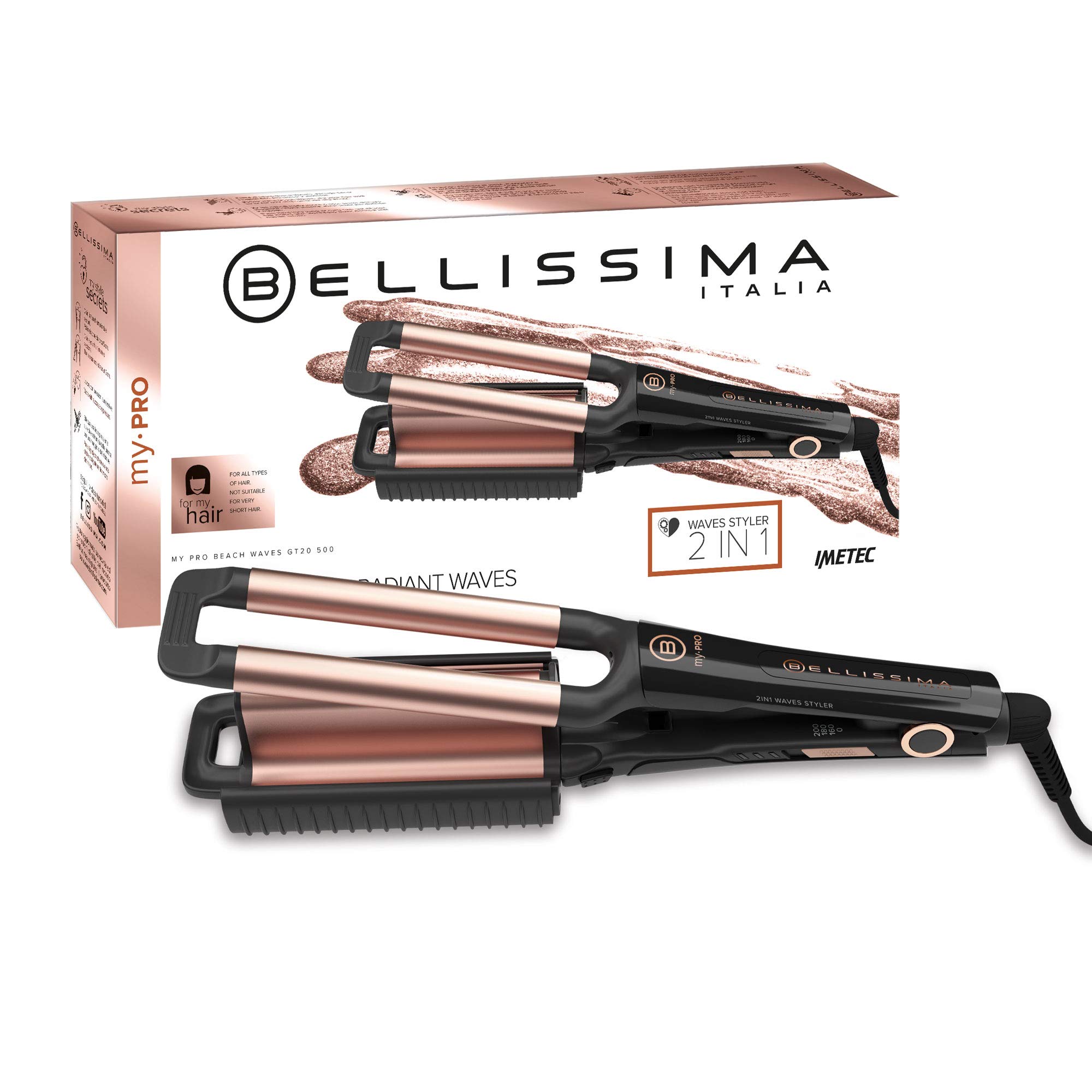 BELLISSIMAMY PRO 2 in 1 Hair Waver Beach Waves Styler - Hair Crimper and Deep Waver Curling Iron, Ceramic Coating, Heat resistant handle, 160°C-200°C, Long-Lasting Results, Quick & Easy, Black & Gold