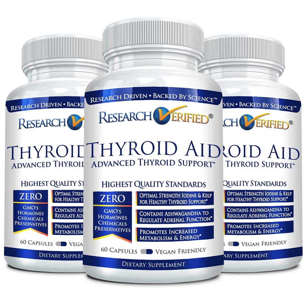 Research Verified® Thyroid Aid - Optimal Thyroid Function with Iodine Copper & Zinc - 260 mcg Selenium - 100% Pure - Vegan Friendly - 60 Capsules - 3 Month Supply