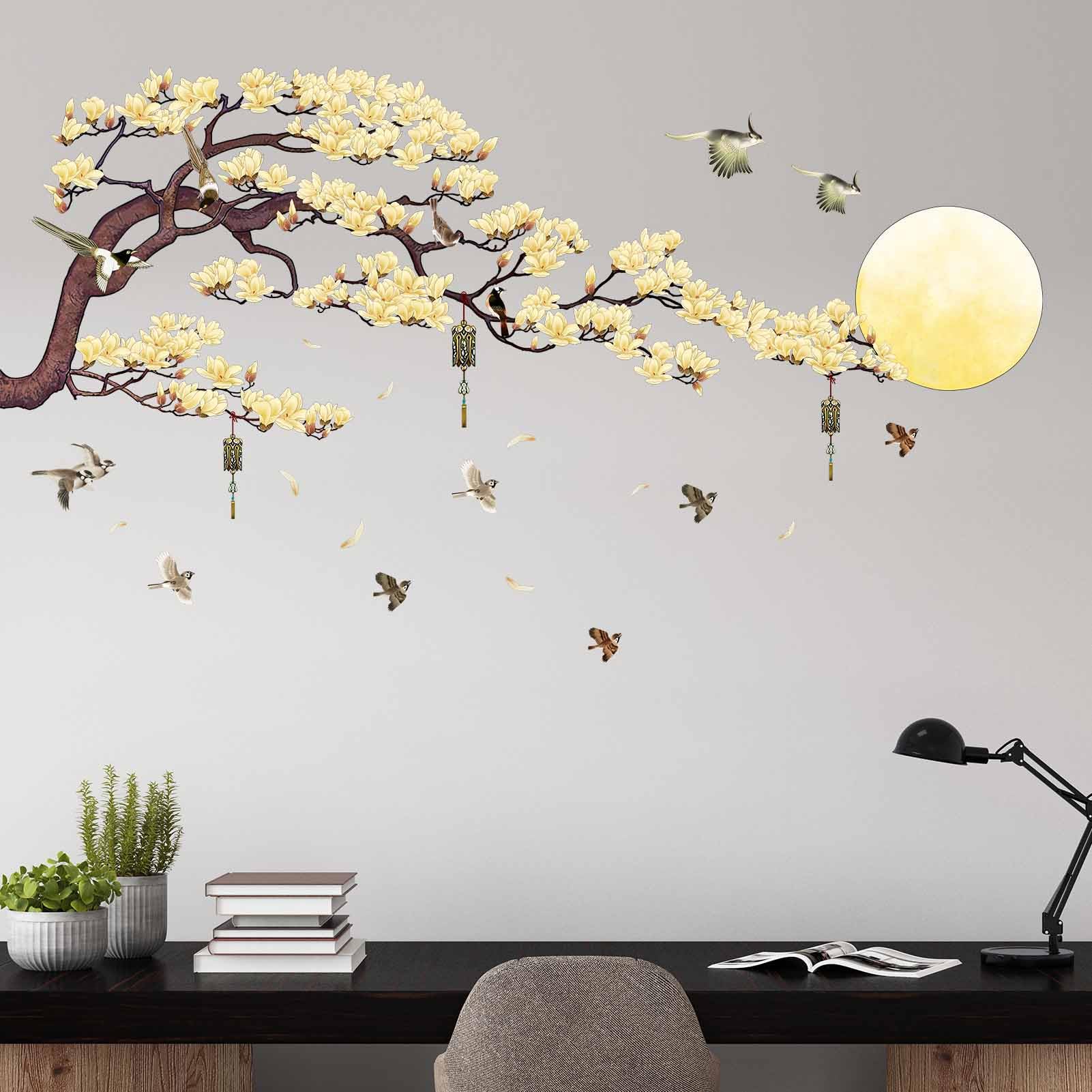 PinkEleph® Yellow Cherry Blossom Wall Stickers - Birds Tree Branch Moon Flower Wall Decals - Living Room Bedroom Sofa TV Background Family Peel and Stick Wall Decals