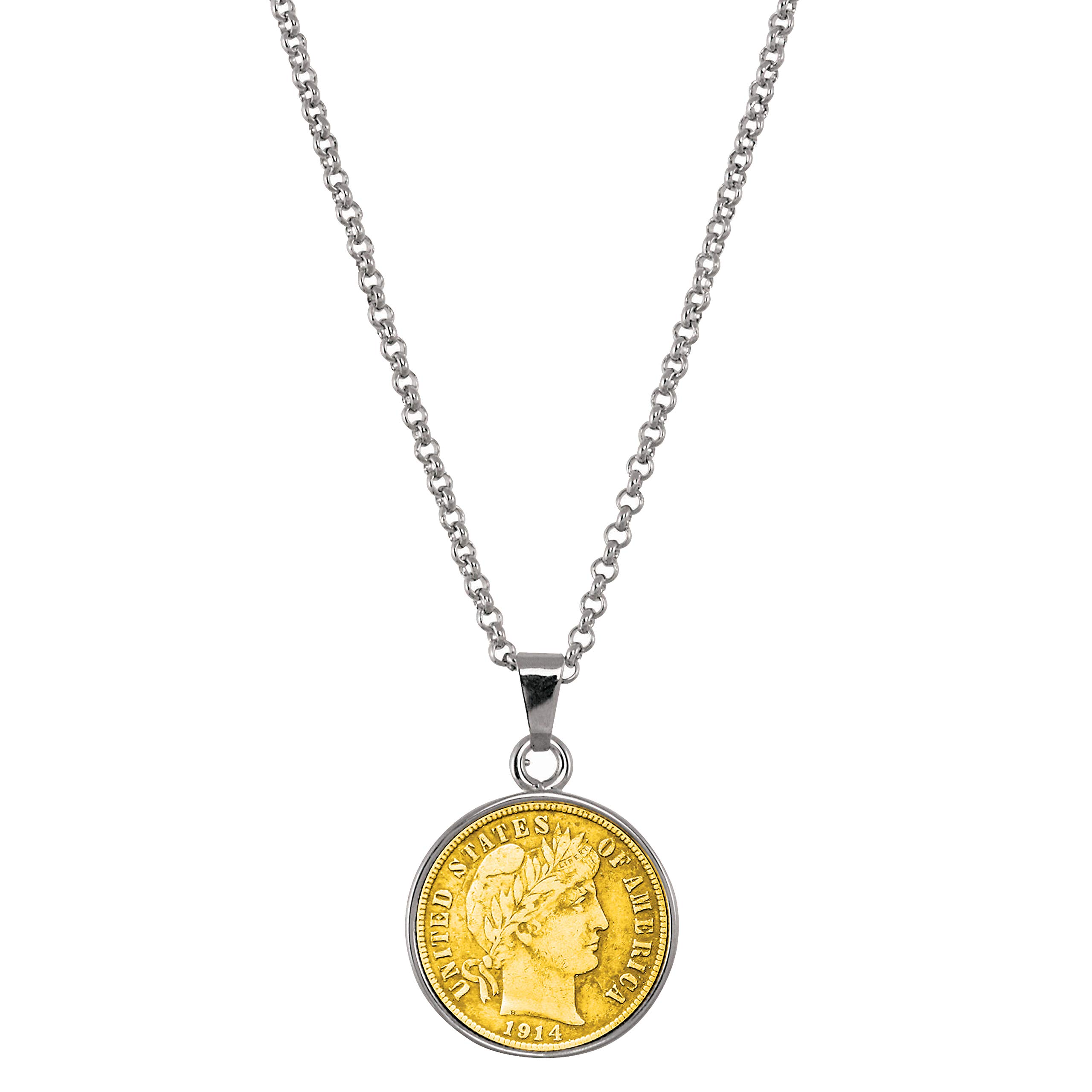 American Coin Treasures Gold-Layered Silver Barber Dime Silvertone Coin Pendant with 18" Chain Necklace - Genuine and Elegant Keepsake Jewelry for Women | White Luxury Gift Box Included