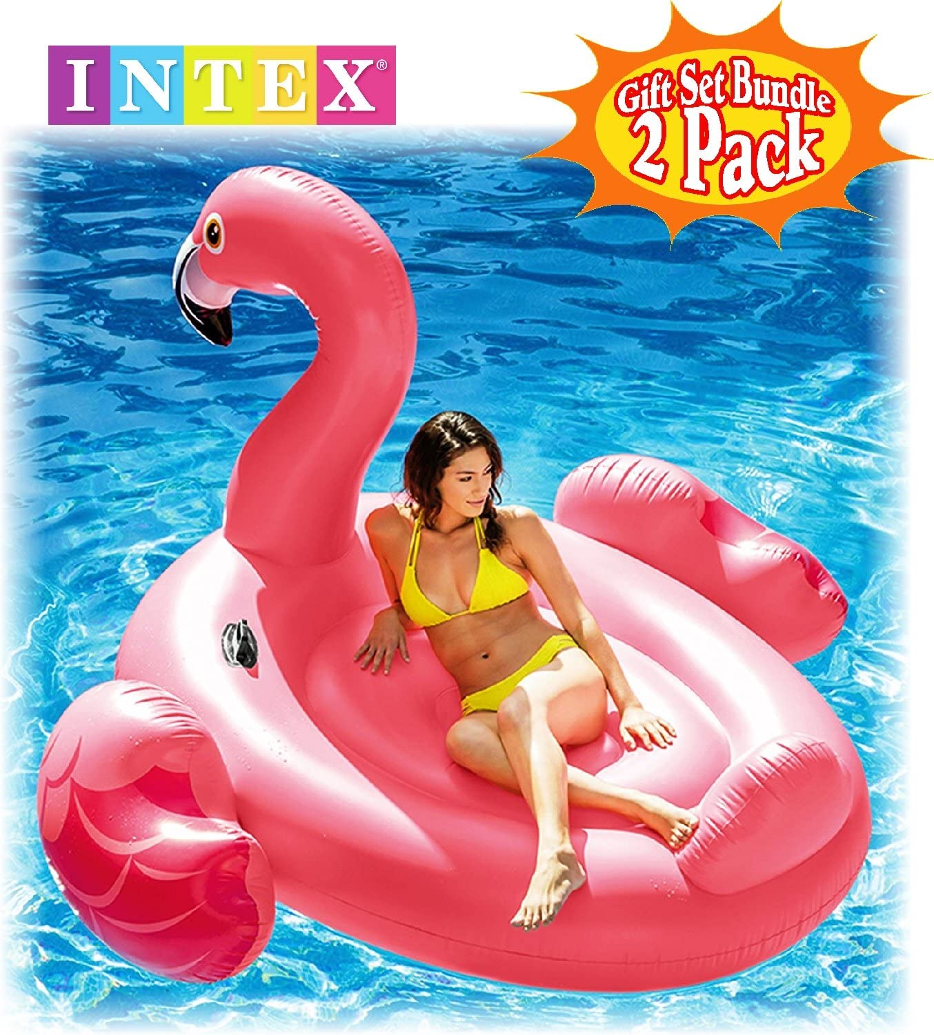 Intex Mega Flamingo Inflatable Island (86"x83"x53.5") & Flamingo Inflatable Ride-On (56"x54"x38") Pool Floats Gift Set Family Bundle with Bonus "Matty's Toy Stop" 16" Beach Ball - 2 Pack