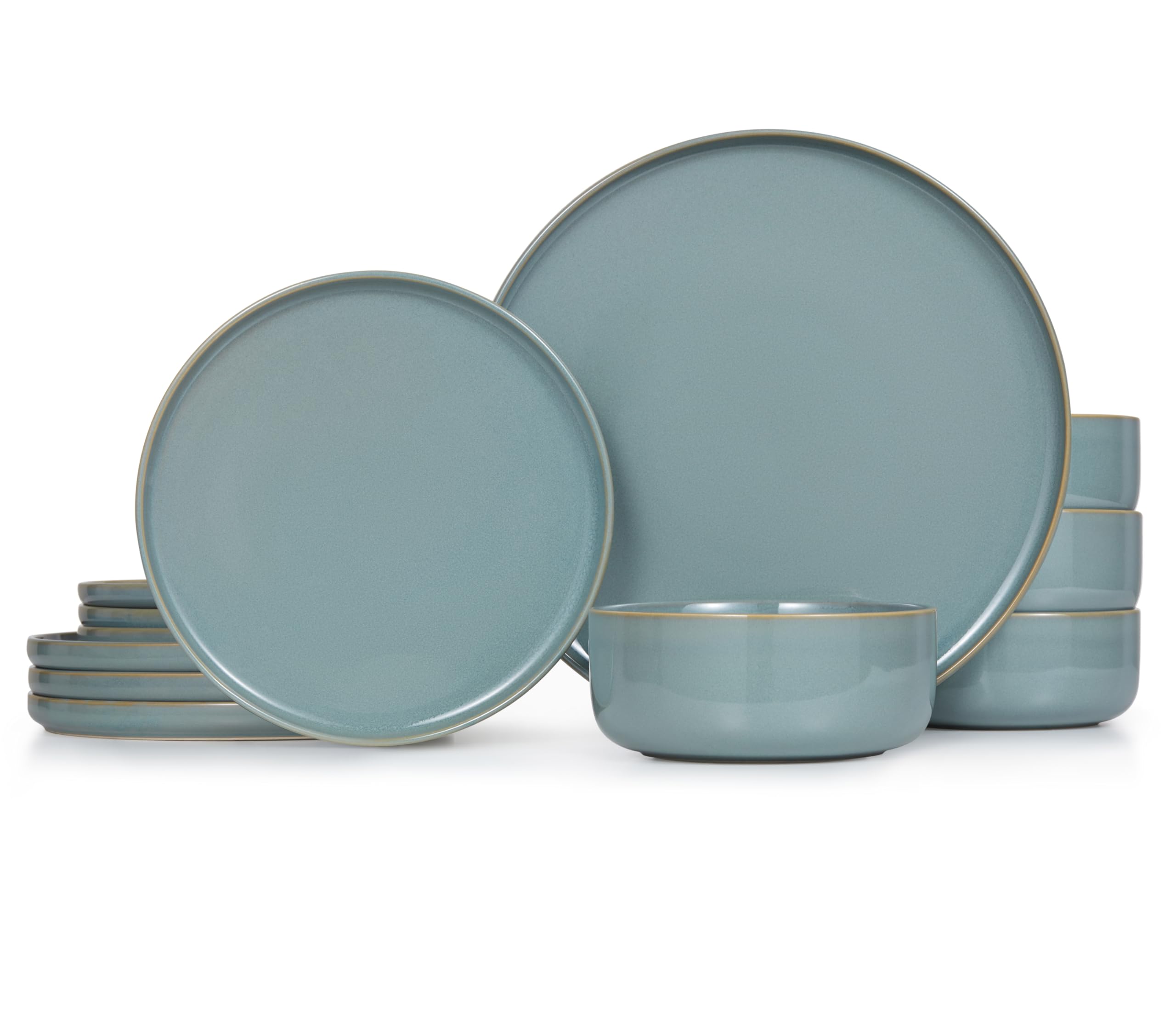 Dinnerware Set, 12 Piece Service for 4, by Kook, Ceramic 10.5” Dinner Plates, 8.2” Salad Plates and 25 oz Soup Bowls, Stoneware, Microwave and Dishwasher Safe, 12 Piece Set (Sage Green)