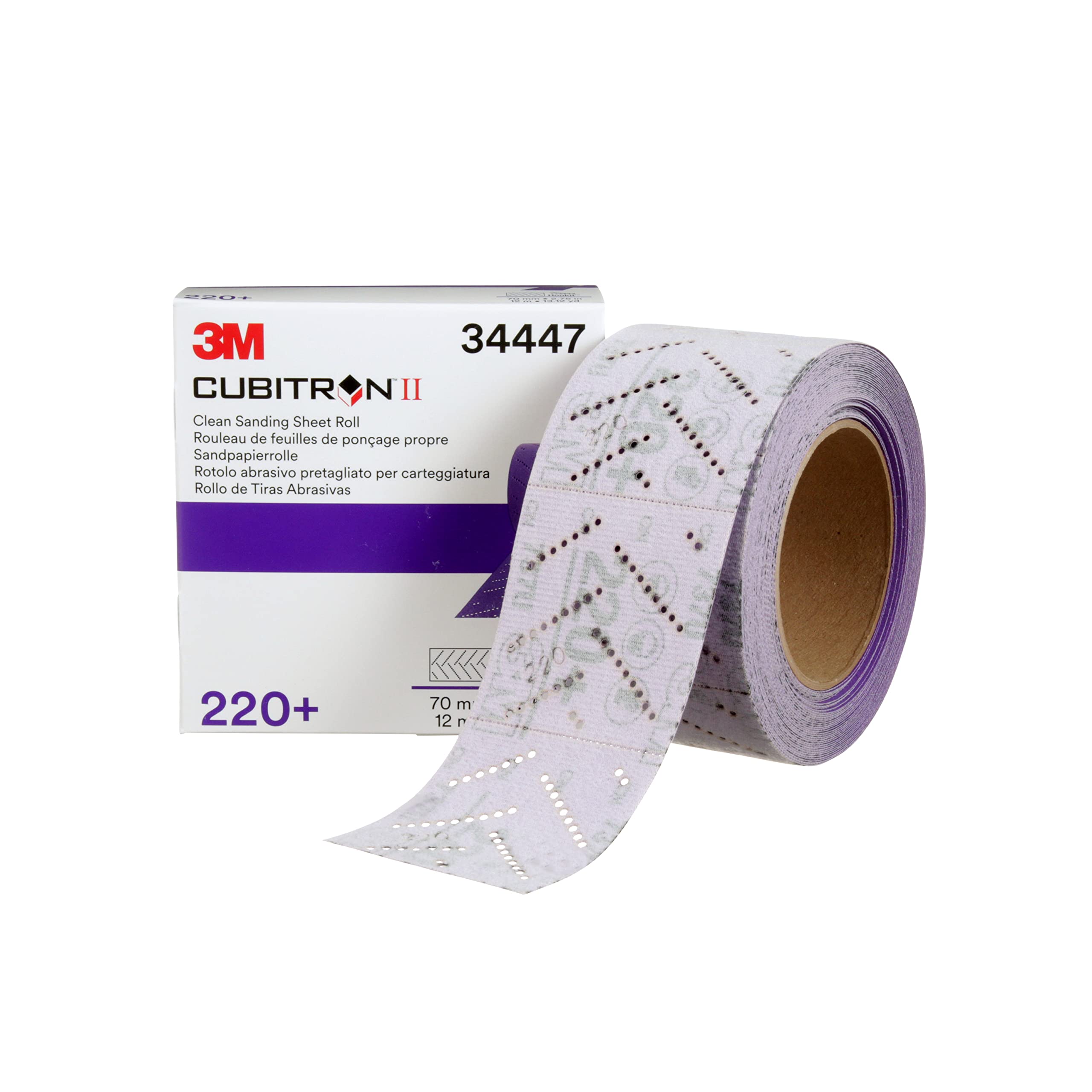 3M Cubitron II Hookit Abrasive Sheet Roll, 34447, Multi-Hole, 70 mm x 12 m, 220+ Grade, Automotive Sanding Roll Sandpaper for Coating Removal, Body Repair, Auto Sanding