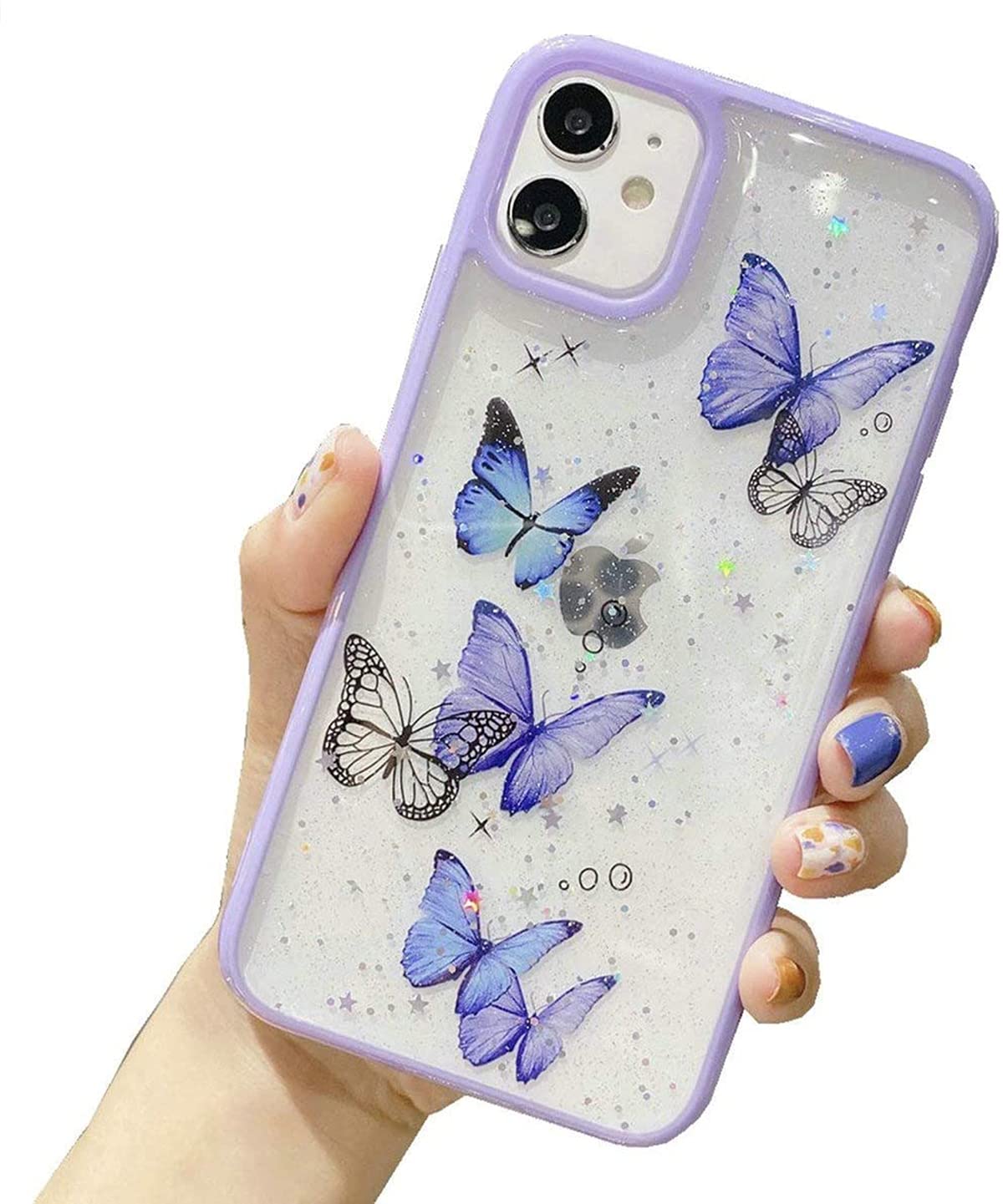 DELFINOFor iPhone 11 Butterfly Case, Shinymore Cute Pretty Butterfly Glitter Shockproof Soft Silicone Clear Girls Women Cover Case for Purple Bling Rubber Bumper Shockproof Full Protective