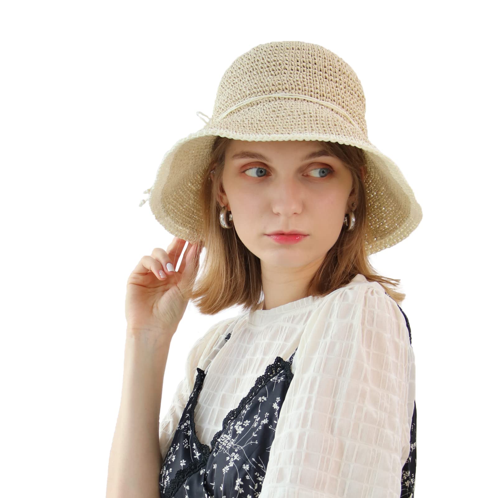 NAMANANA Sun Hats for Womens Summer Hats for Women Straw Hat Beach Sun Hat Travel Wide Brim Beige