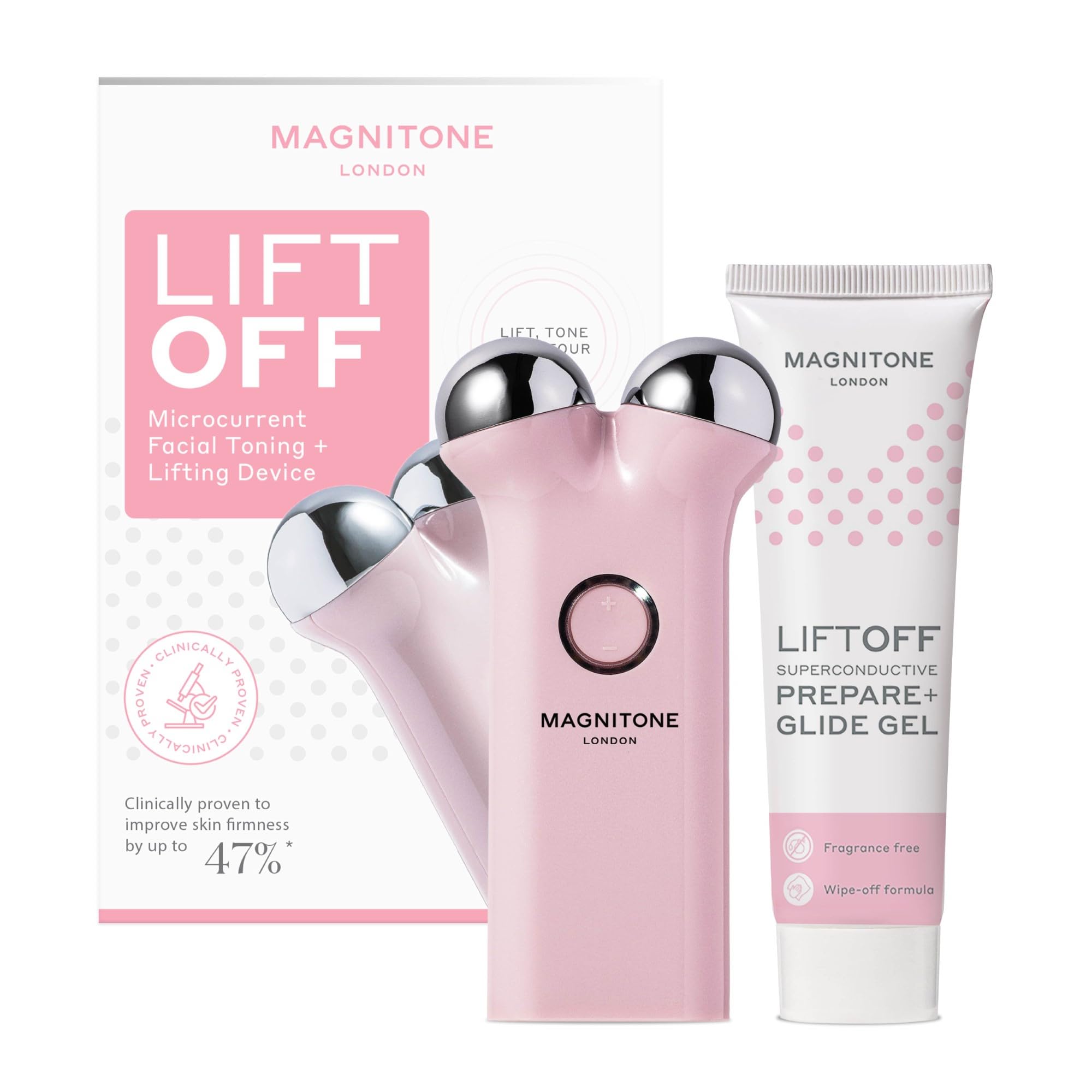 MAGNITONE Lift Off Microcurrent Facial Toning Device, Pink, USB Rechargeable, with Prepare + Glide Superconductive Gel 60ml at Home face Lift (Pink)