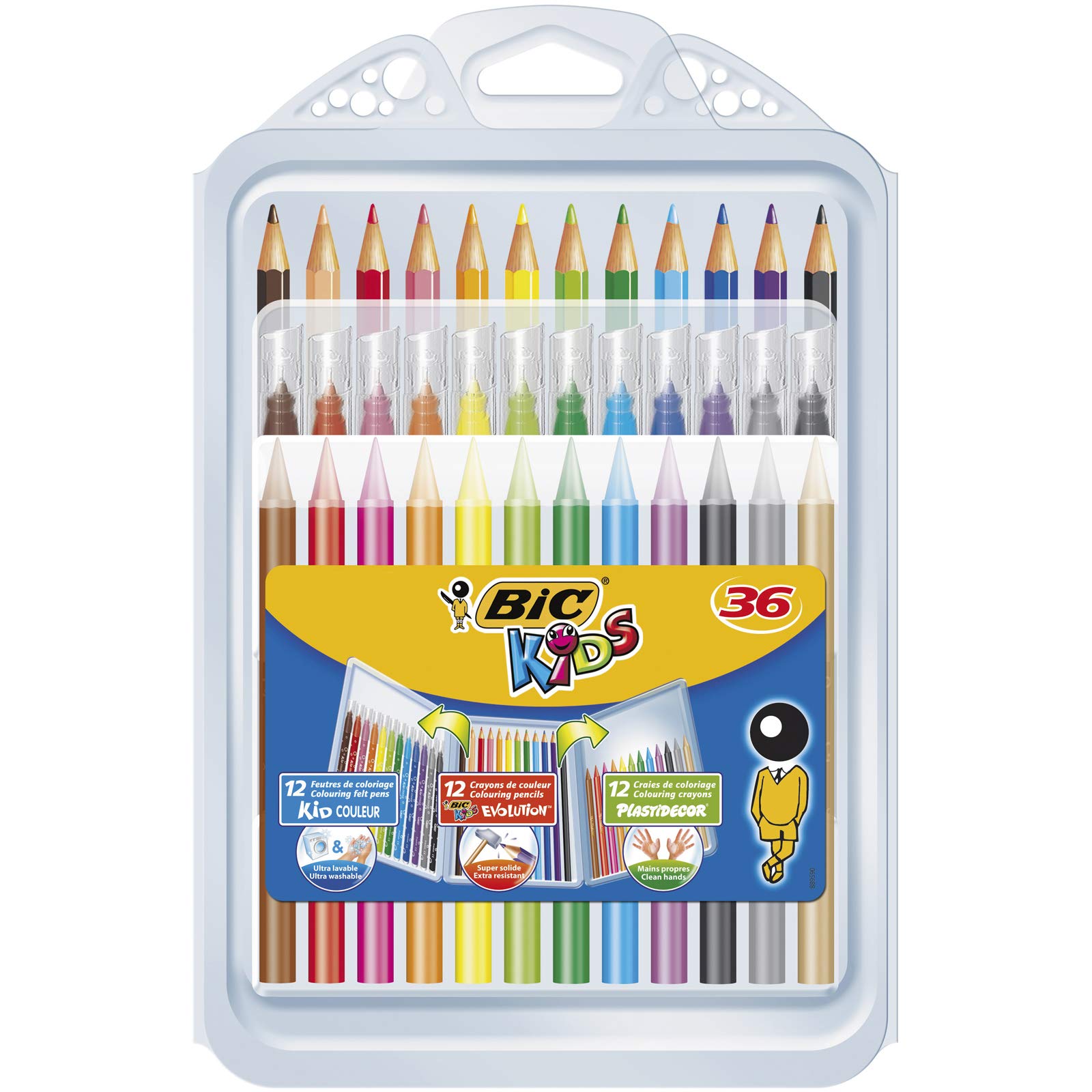 BIC Kids Colouring Set - Case of 36 Colouring Products - Variety Pack with 8 Felt Pens/8 Colouring Pencils/12 Colouring Crayons in Convenient Plastic Case